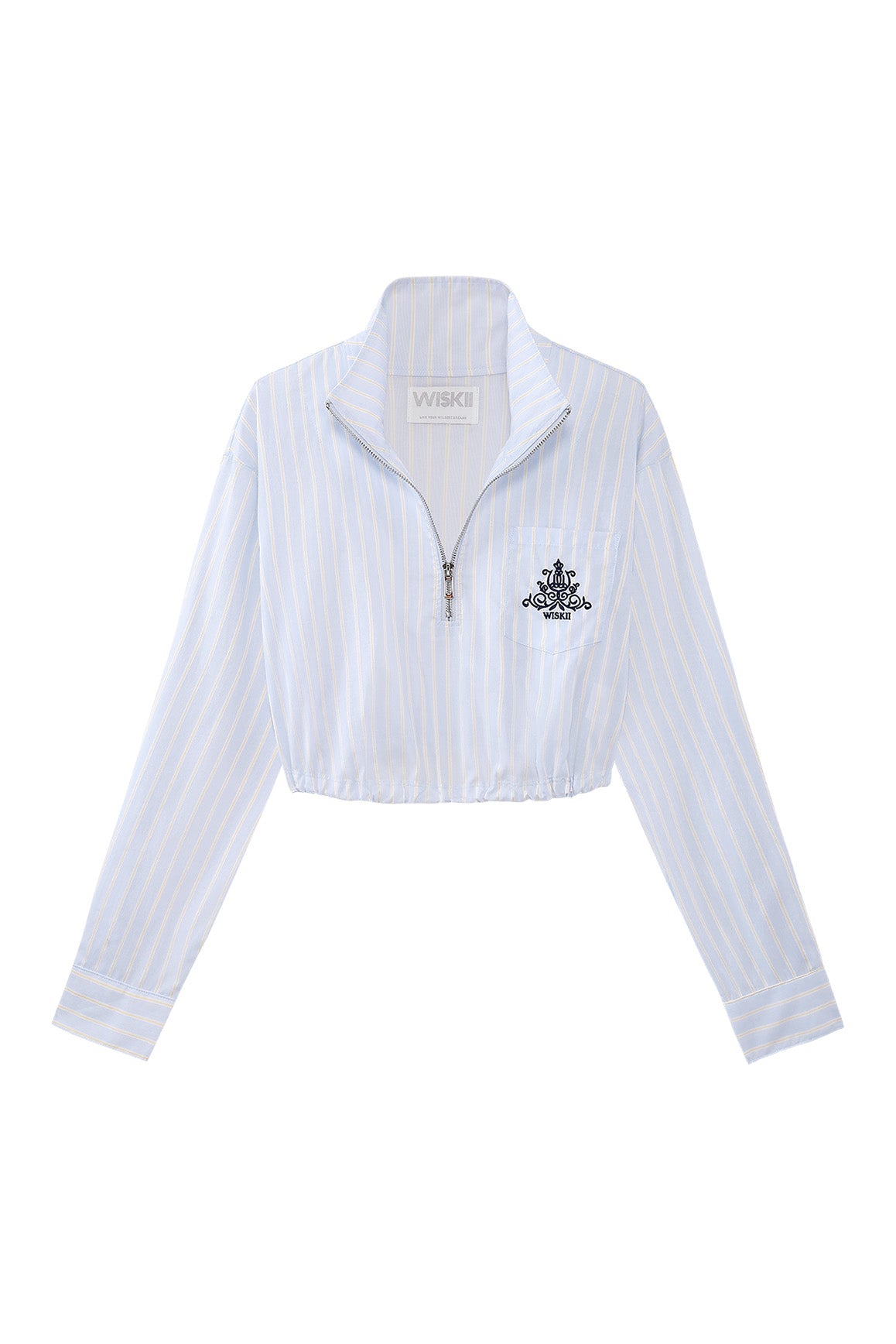 WISKII Stripe Half-Zip Crop Shirt in black and white with long sleeves and a half-zip front, styled on a mannequin.