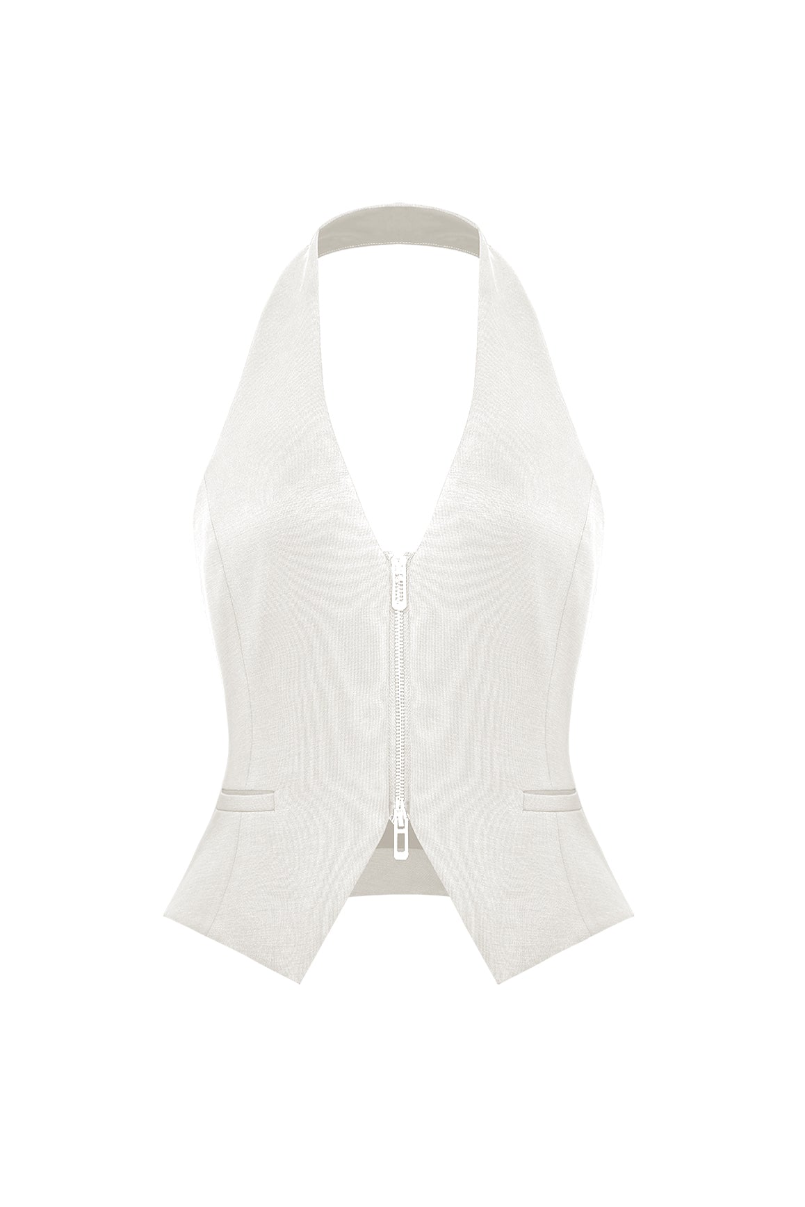 Cream WISKII Mere Dual-Zip Halter Vest laid flat, showing front with dual zippers and halter neckline, made from soft fabric.