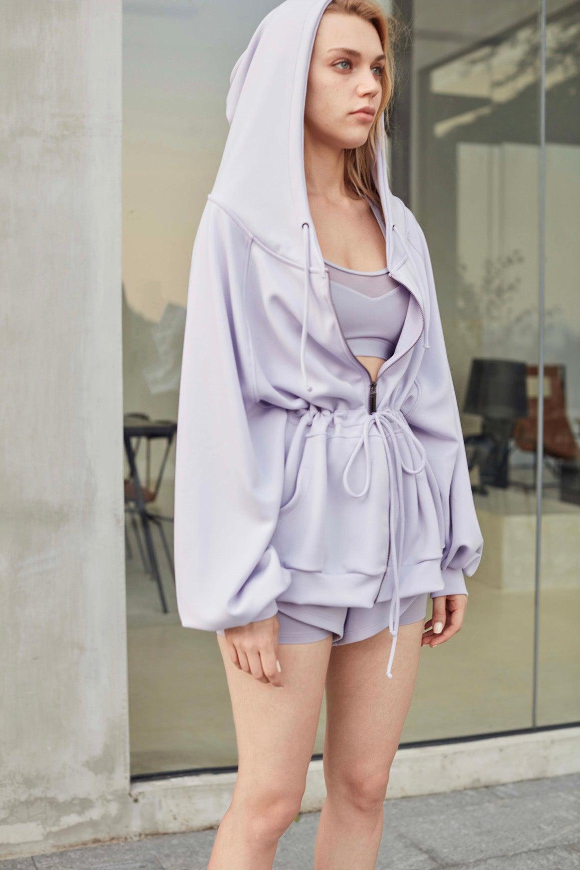 Lavender oversized angel jacket by WISKII, featuring a cozy hood and relaxed fit, perfect for casual wear.