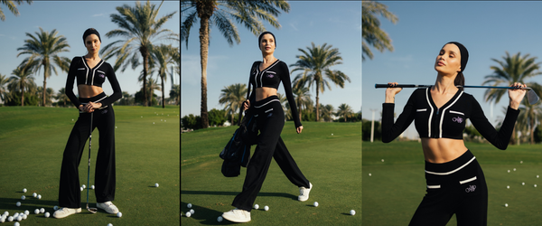 Model playing golf on golf course wearing stylish sportswear suit