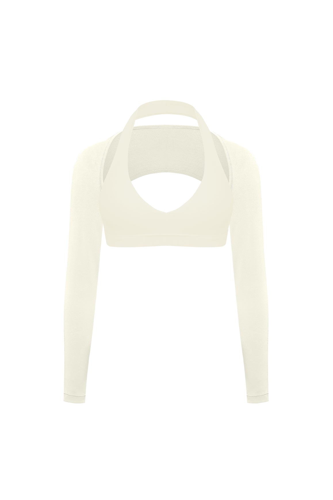 WISKII V-cut halter bra and minimal long sleeve sports shrug in a stylish bundle outfit, displayed on a mannequin.