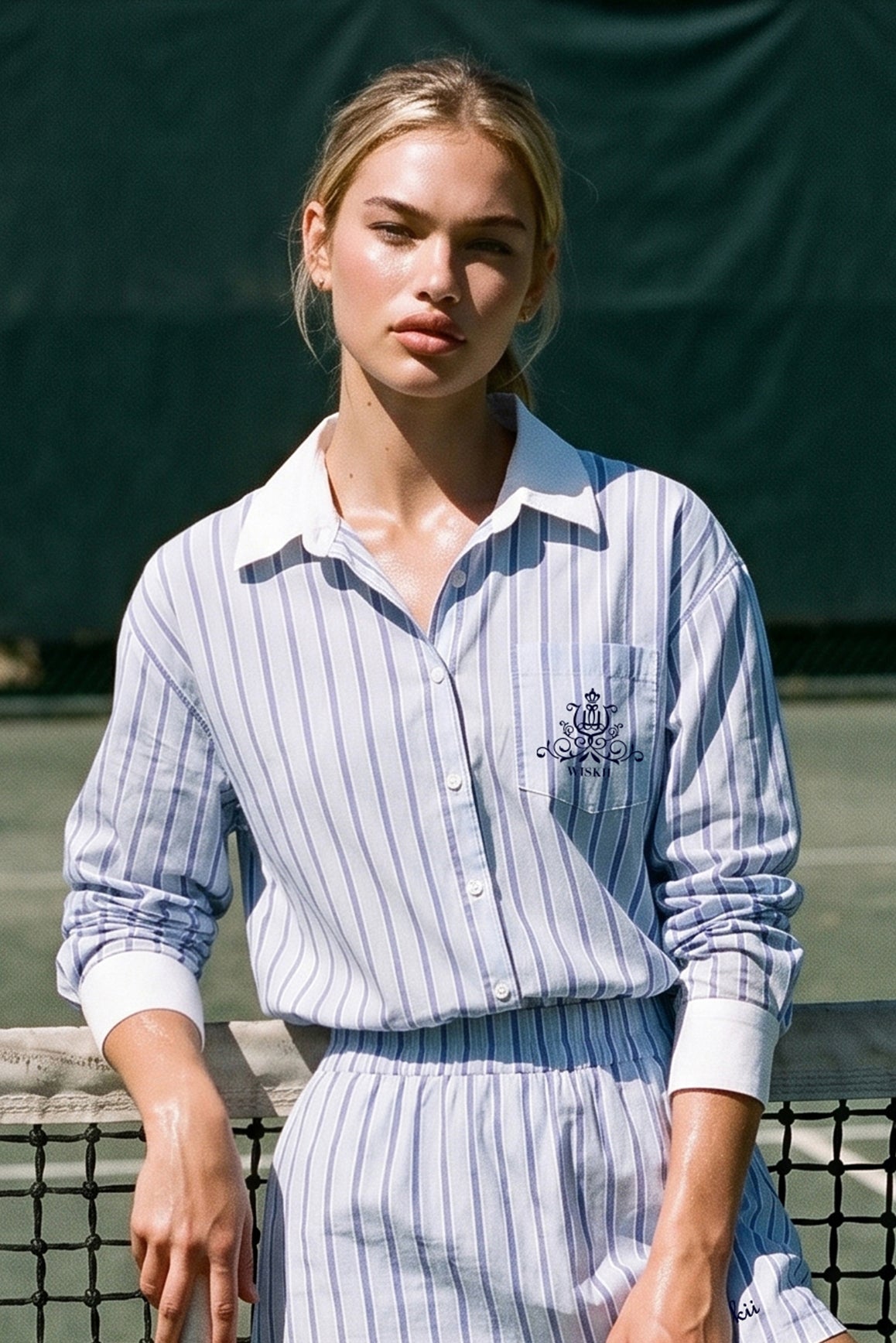 WISKII stripe button-down longline shirt with collar and long sleeves, featuring a relaxed fit and stylish pattern.