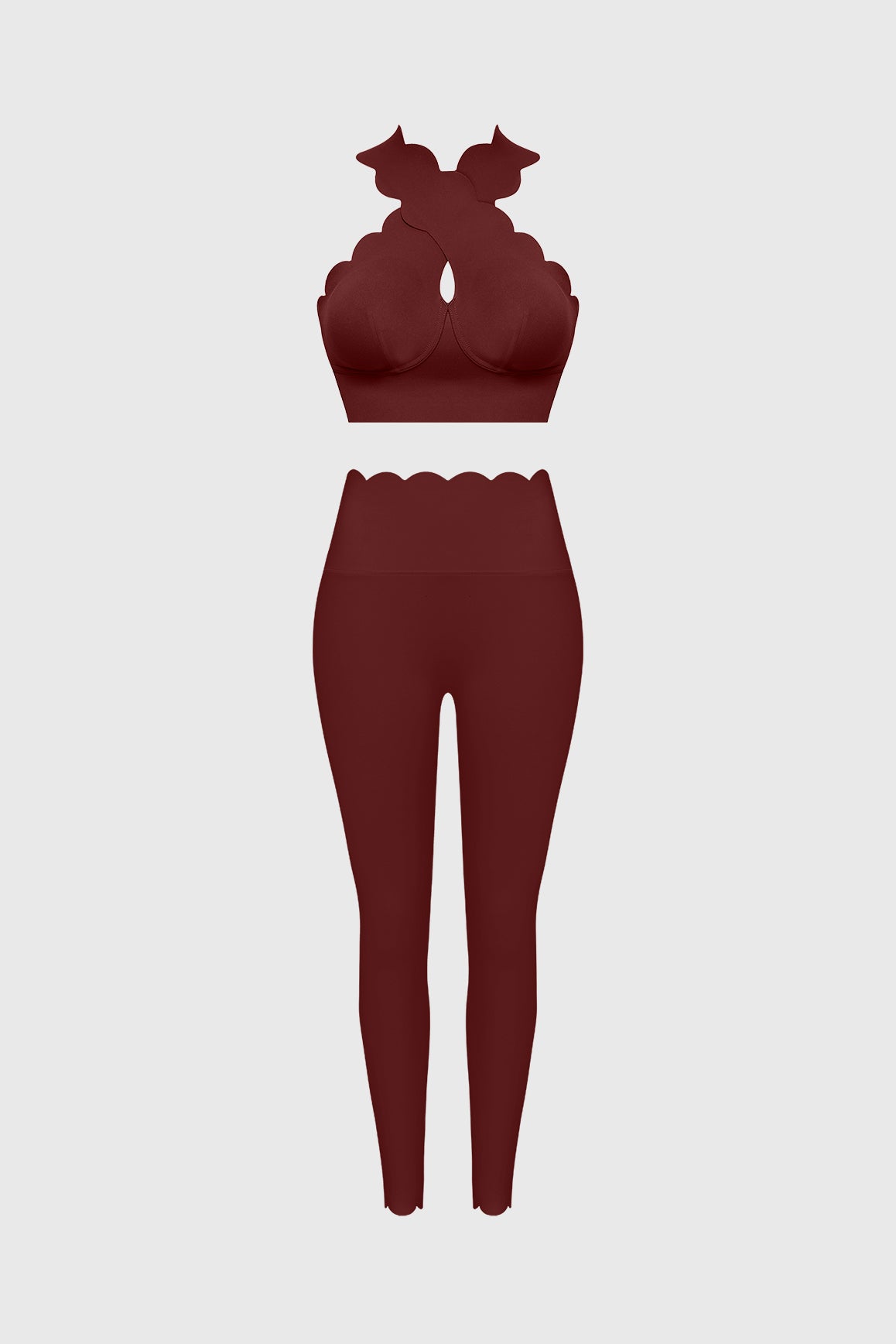 WISKII crisscross bra and high-waist scallop scrunch leggings in a matching activewear bundle, featuring stylish design and comfortable fit.