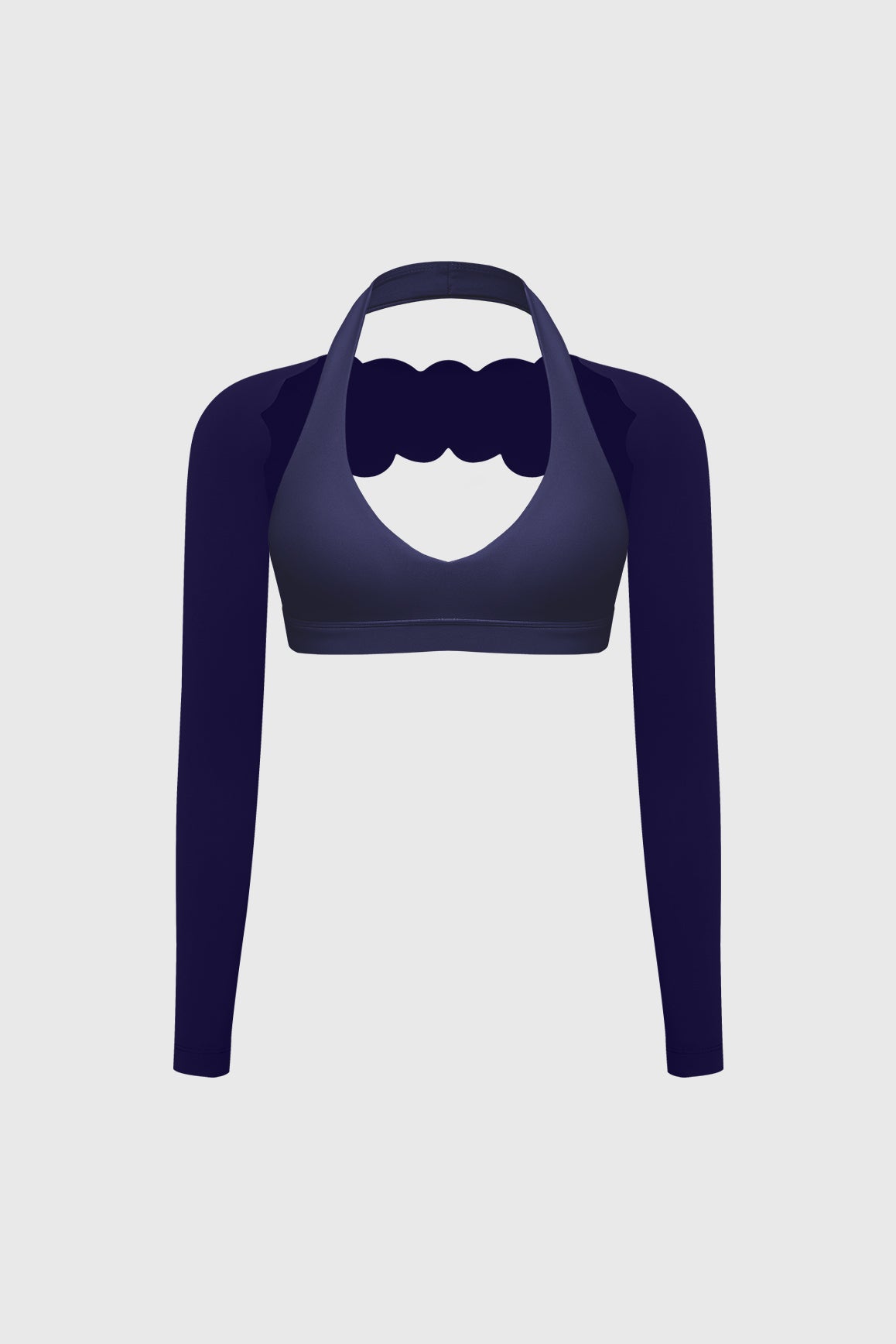 WISKII V-cut halter bra and scalloped long sleeve sports shrug bundle, stylish matching outfit, close-up of the bra and shrug details.