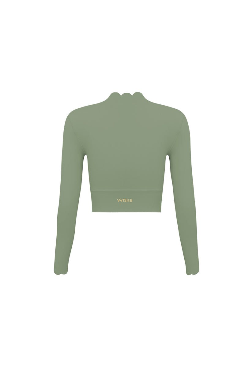 Scallop Cropped Long Sleeve Top in Sage