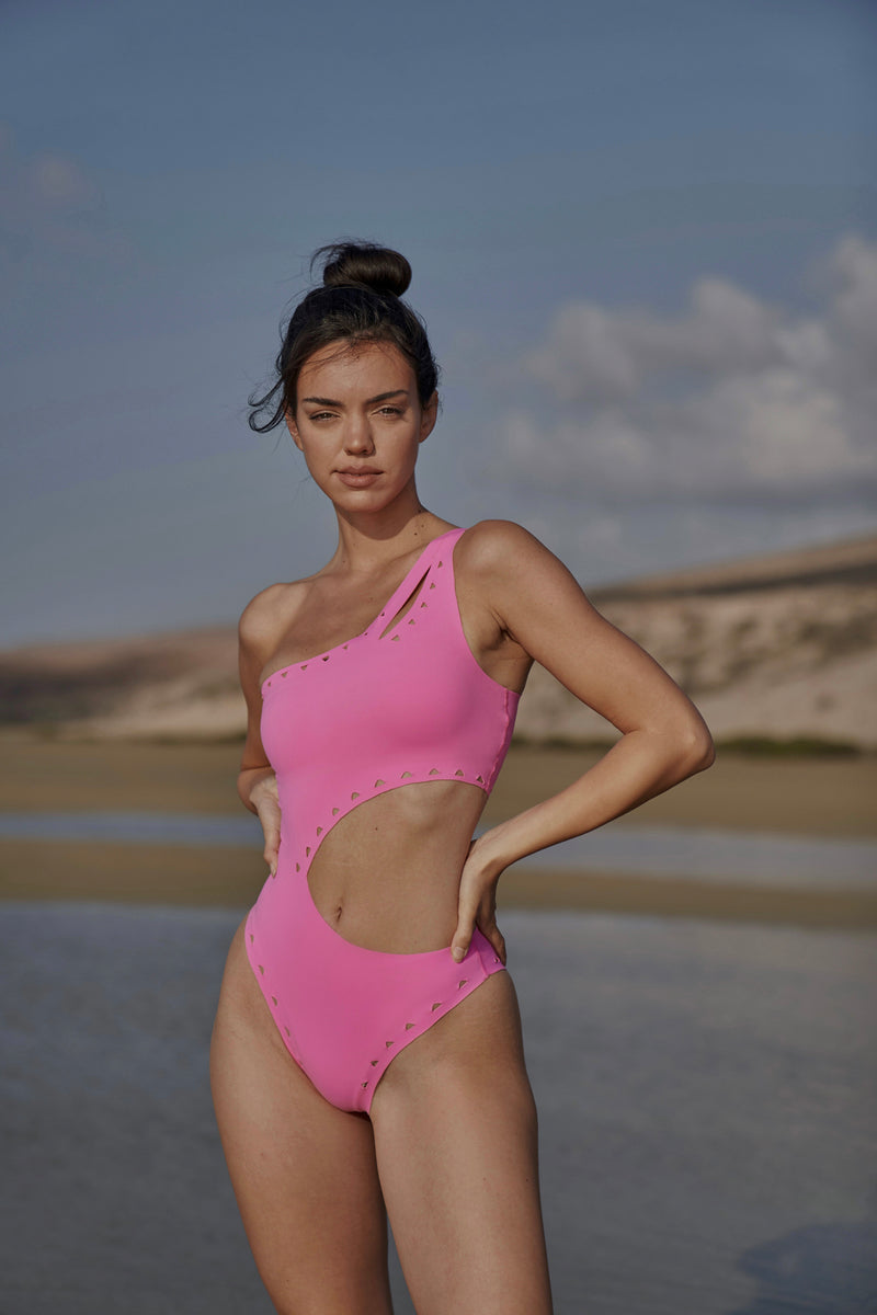 One Shoulder Laser Cut Swimsuit Pink - standing