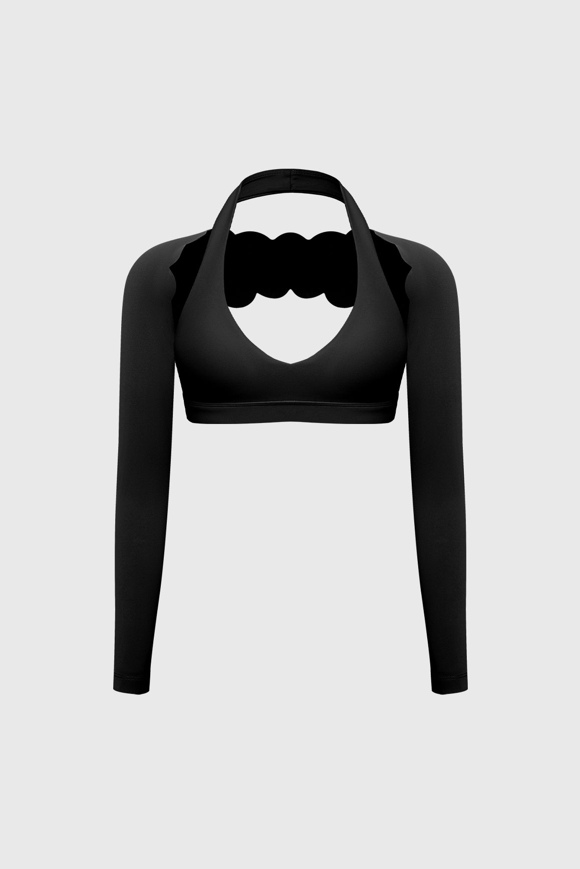 WISKII V-cut halter bra and scalloped long sleeve sports shrug bundle, stylish and comfortable activewear outfit.