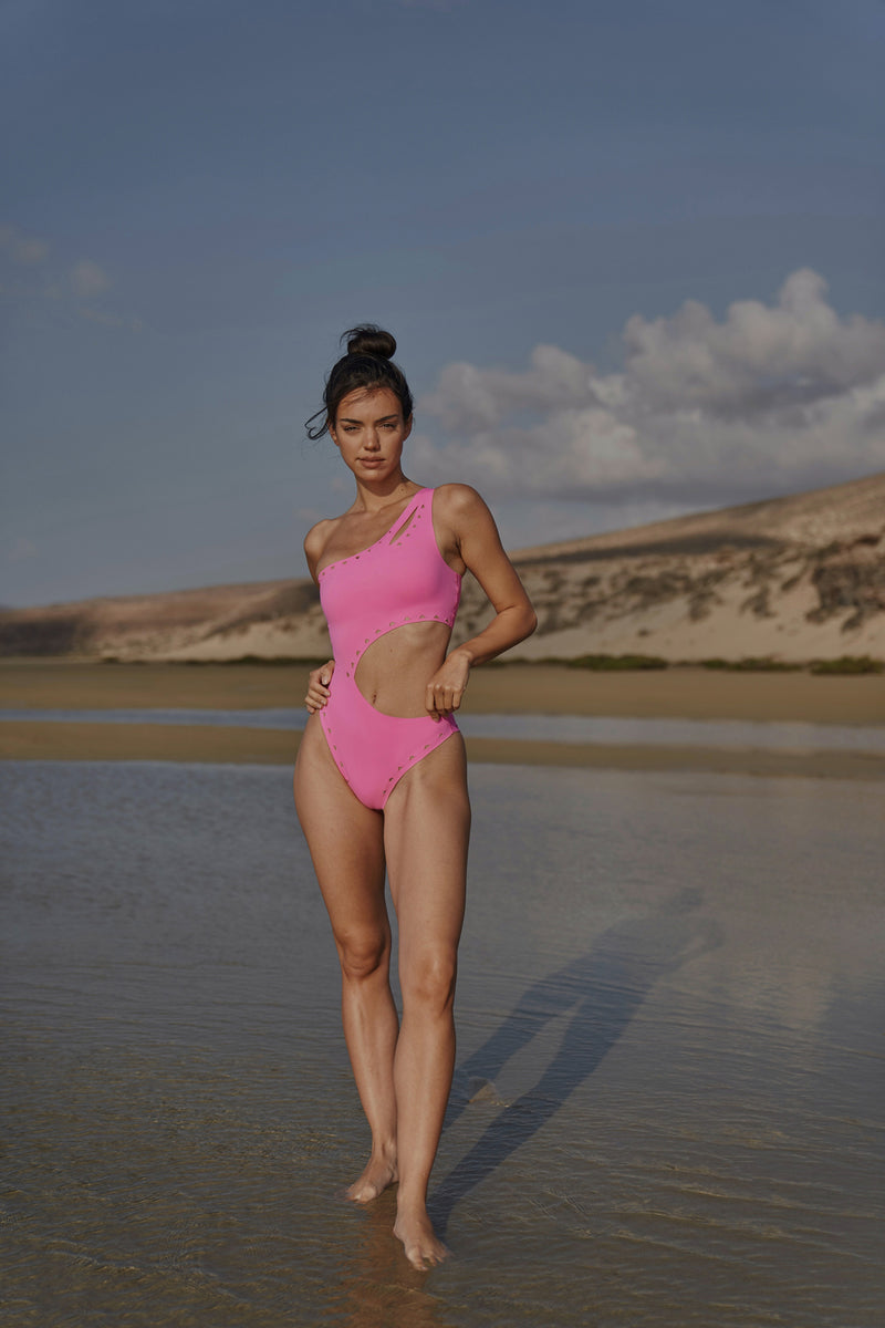 One Shoulder Laser Cut Swimsuit Pink - Environmental shot#2
