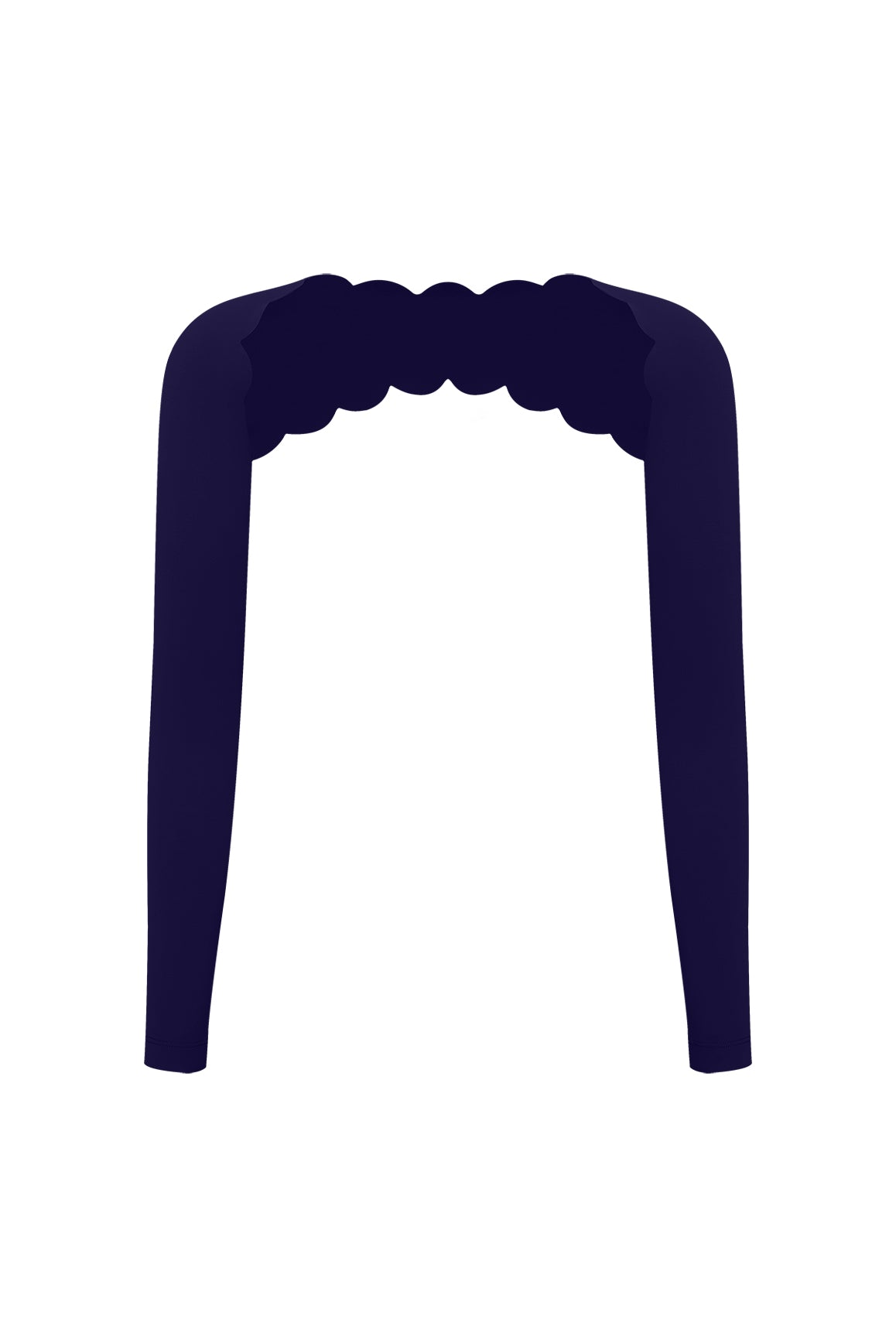 Blue scalloped long sleeve bolero shrug by WISKII, featuring a stylish scalloped edge and fitted long sleeves.