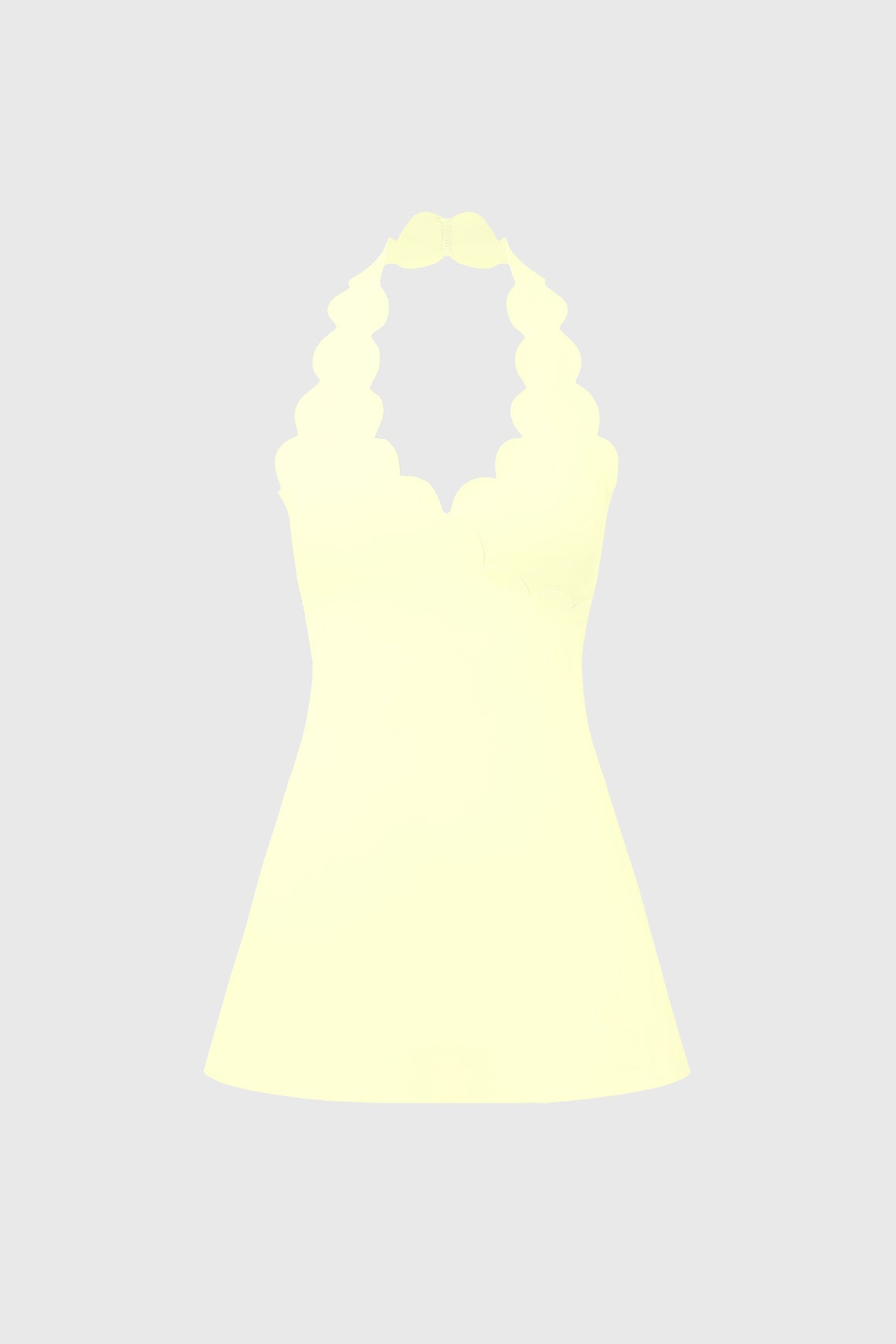 WISKII Riviera scallop-halter dress displayed on a hanger with a flowing, lightweight fabric and scalloped neckline.