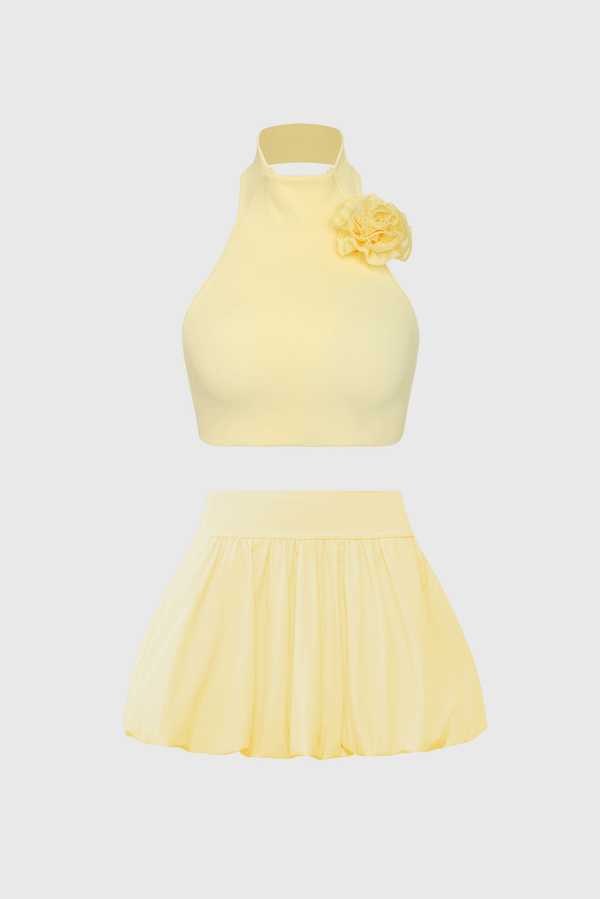 Riviera Floral Halter Mock Neck Top & Mini Bubble Skirt