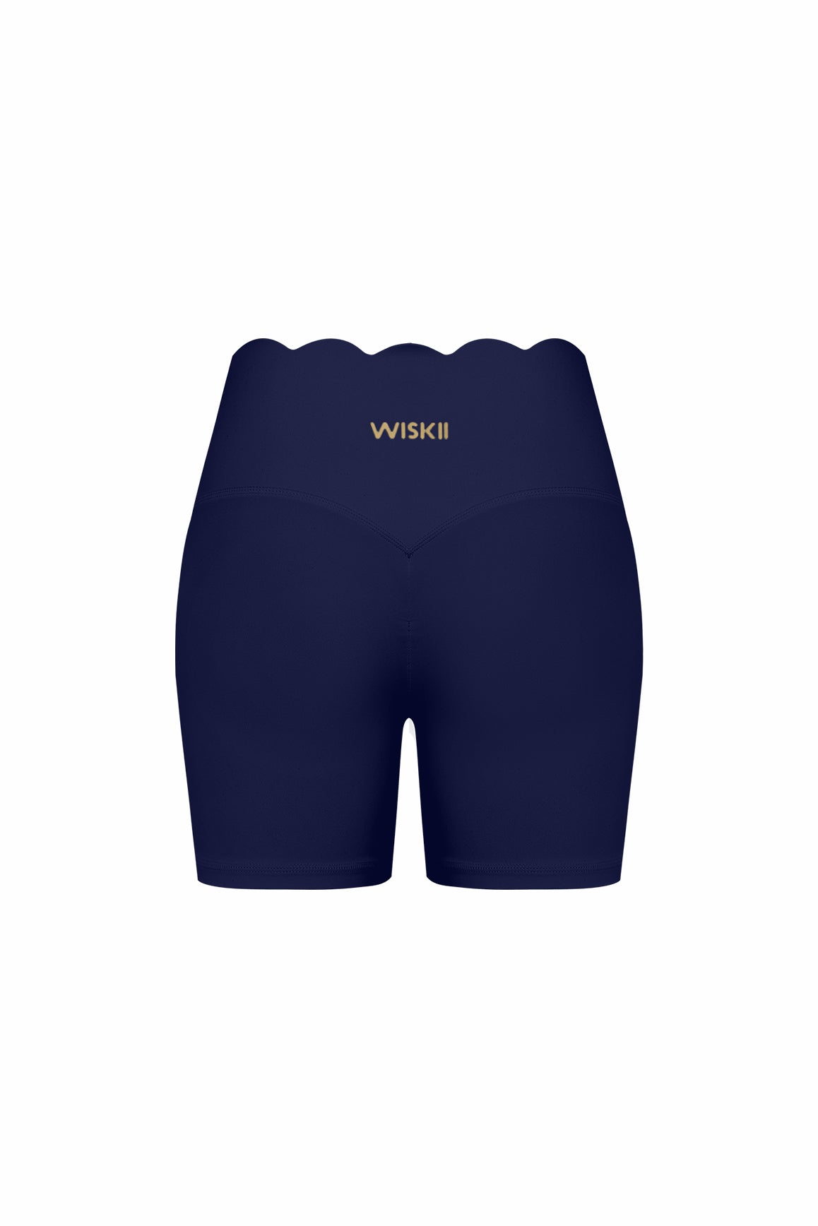 WISKII high-waist scallop scrunch shorts in light blue fabric with scalloped hem and fitted style, displayed on a neutral background.