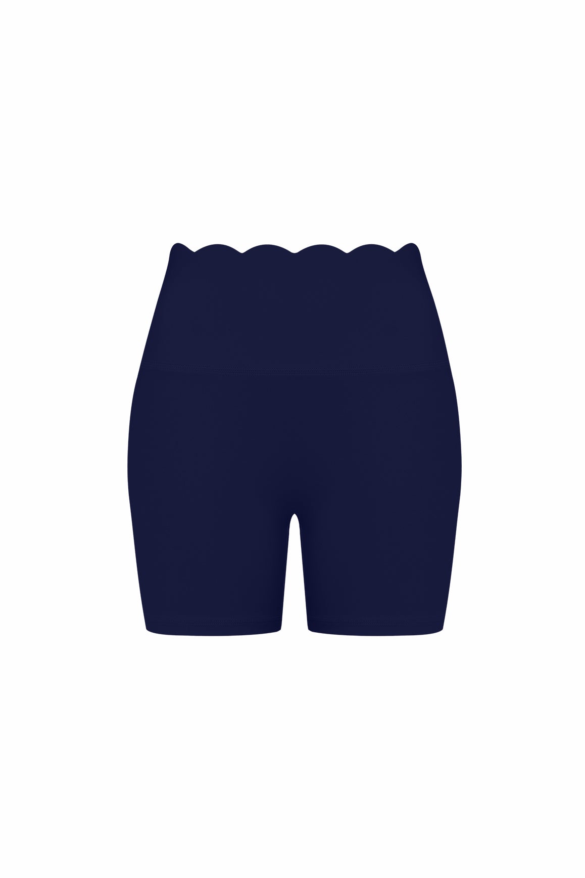 WISKII high-waist scallop scrunch shorts in light fabric with scalloped hem and ruching detail, styled on a model.