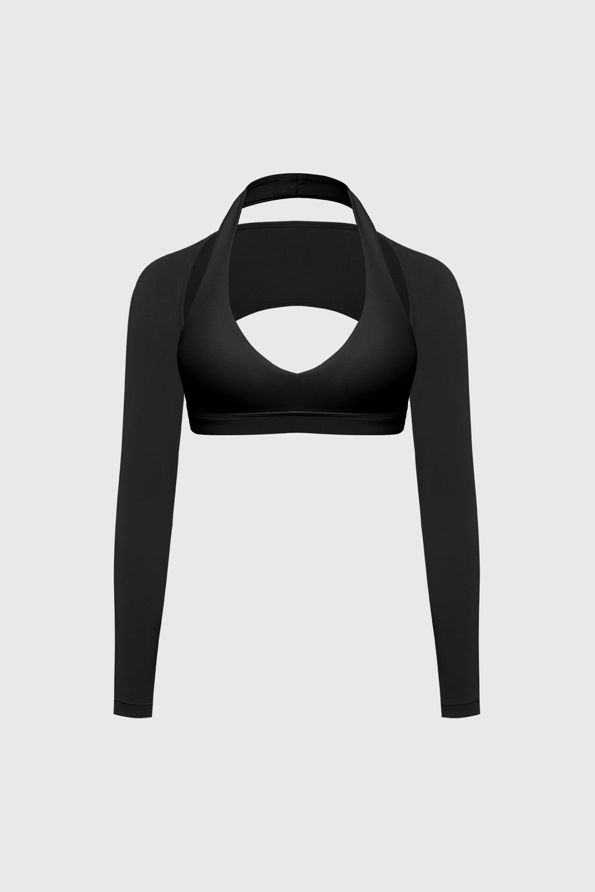WISKII V-Cut Halter Bra and minimal long sleeve sports shrug bundle outfit, featuring stylish, athletic, and comfortable activewear pieces.