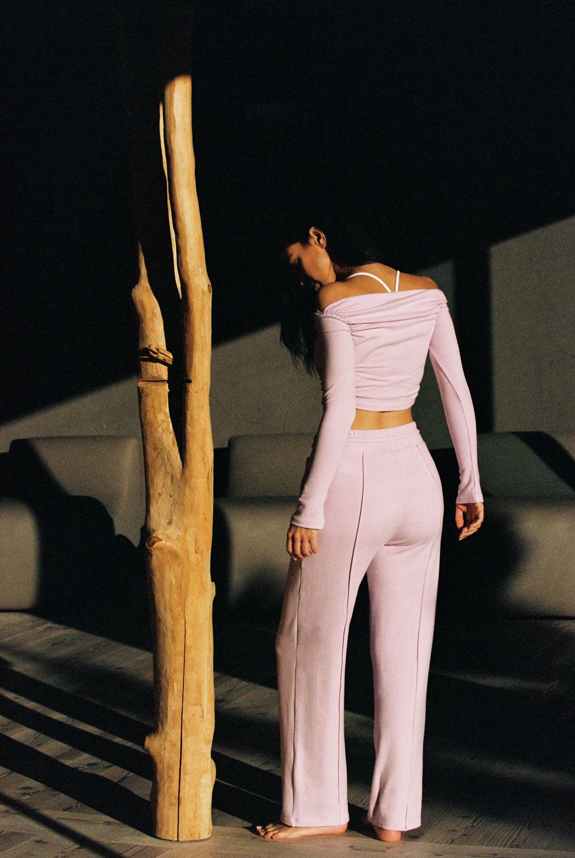 Model wears Off Shoulder Long Sleeve Pleated Crop Top | WISKII ACTIVE | Ballet Blush