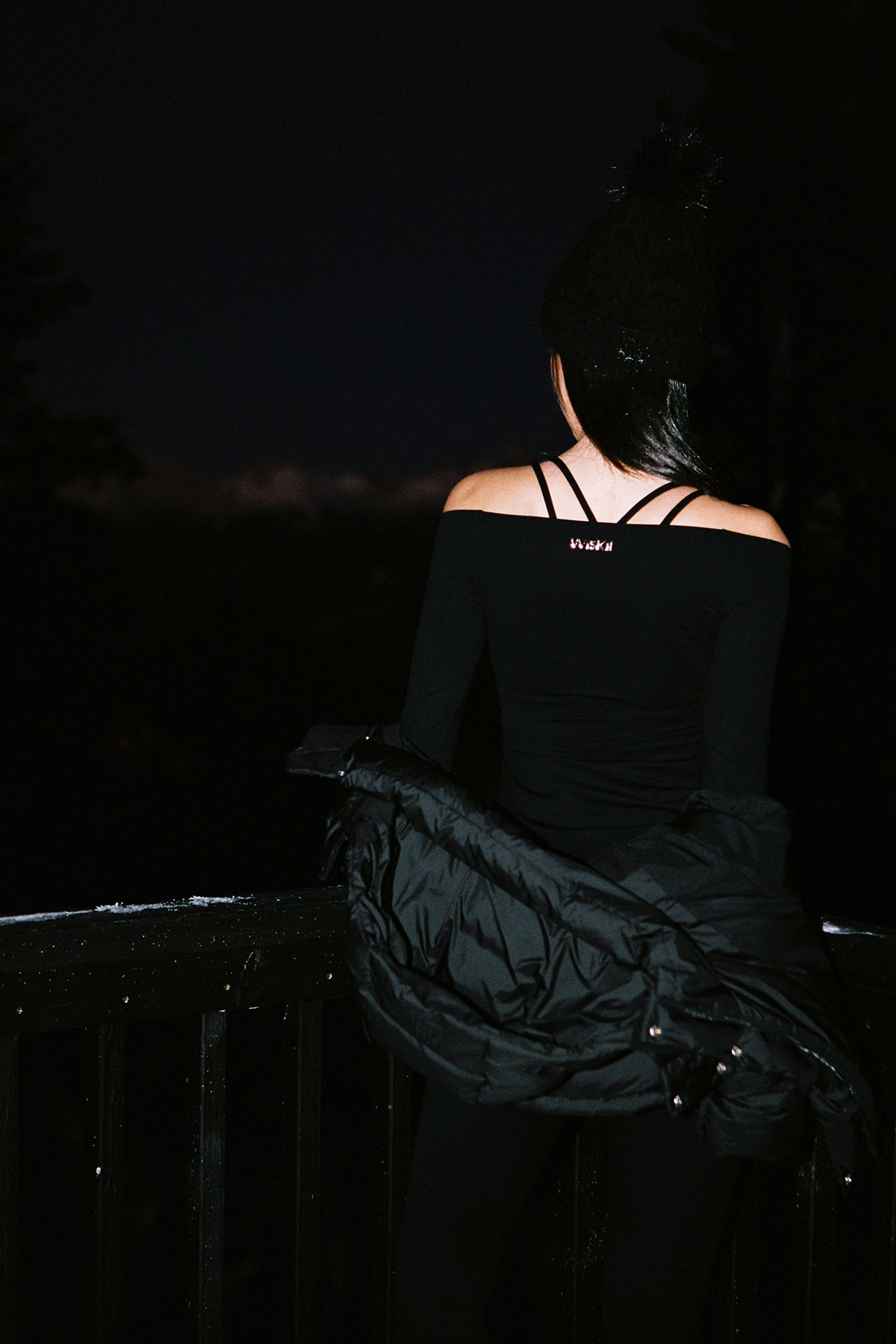 Model wears a Scoop Neck Crossback Bra | WISKII Active | Color Black