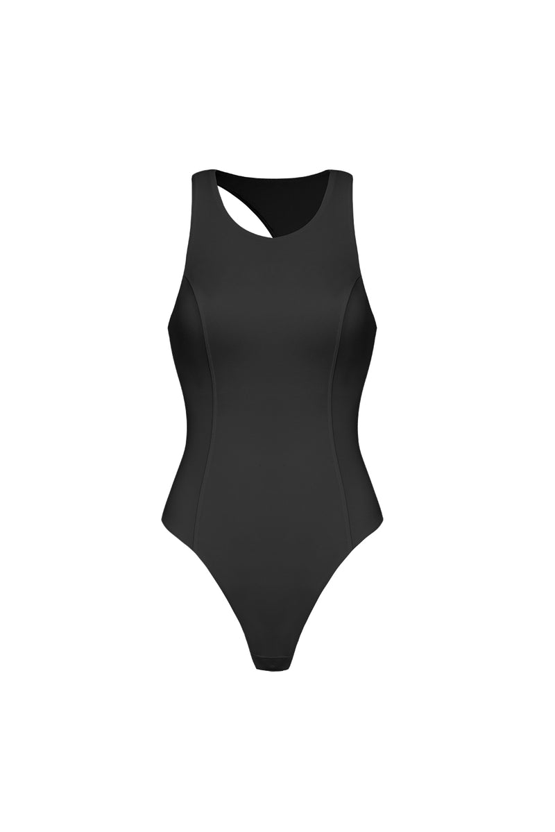 Model wear a Riviera Asymmetrical Back Bodysuit | WISKII Active | Black Bodysuit 