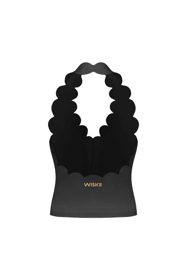 Riviera Scallop Halter Bra Tank | Black | WISKII Active