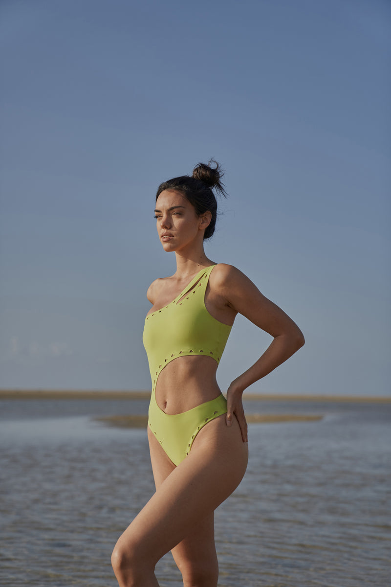 One Shoulder Laser Cut Swimsuit Lime Green - Environmental shot#3