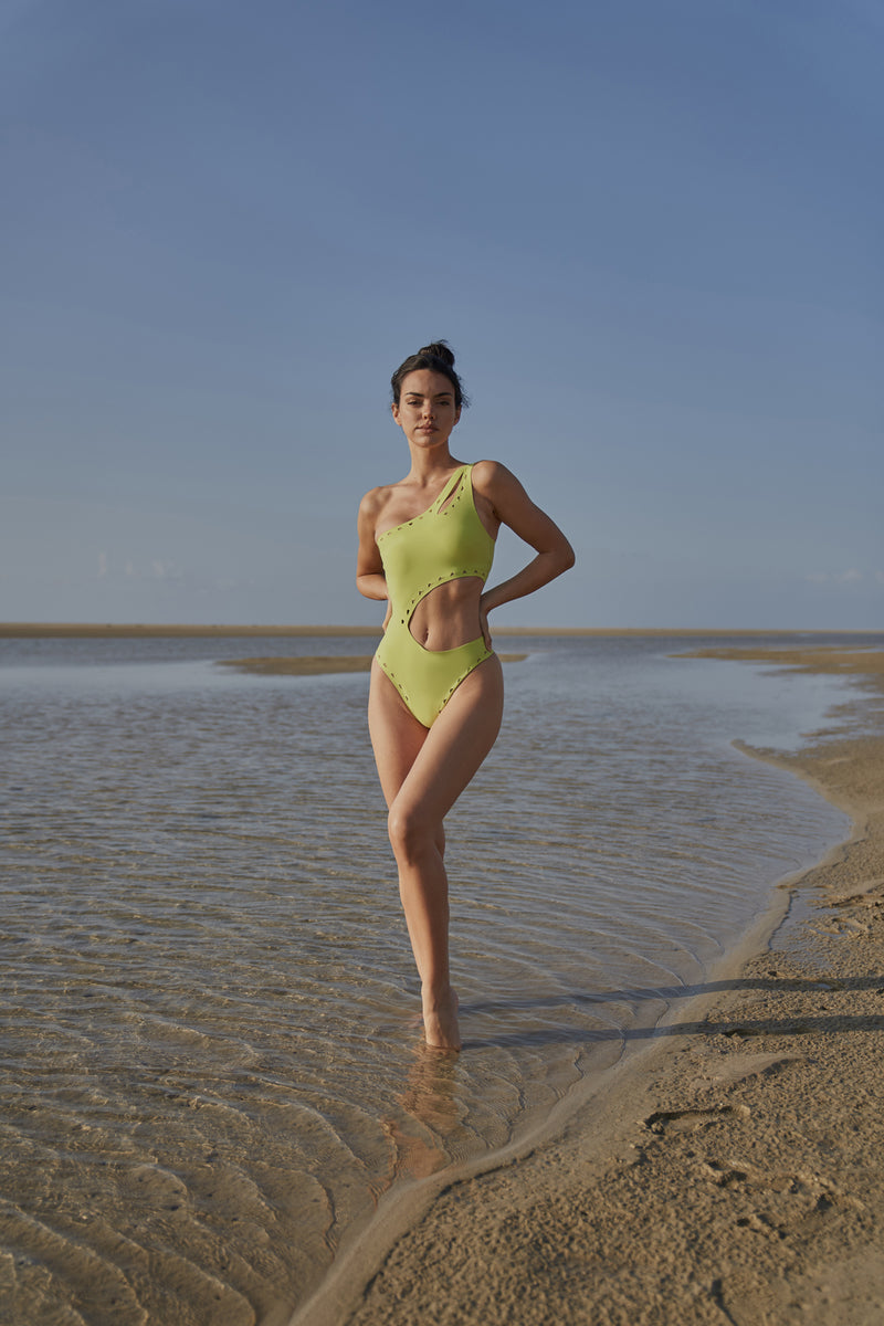 One Shoulder Laser Cut Swimsuit Lime Green - Environmental shot