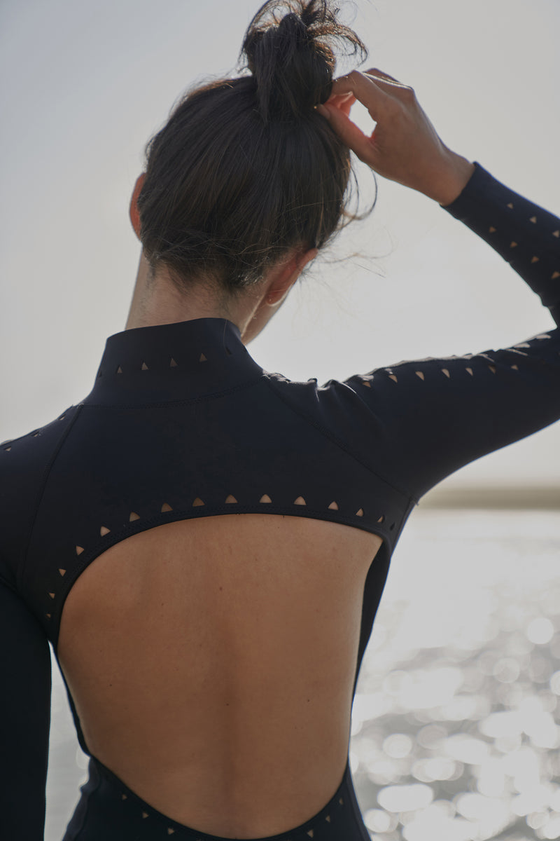 Long Sleeve Open Back Laser Cut Surfsuit | Black cut open Zip up front swimsuit