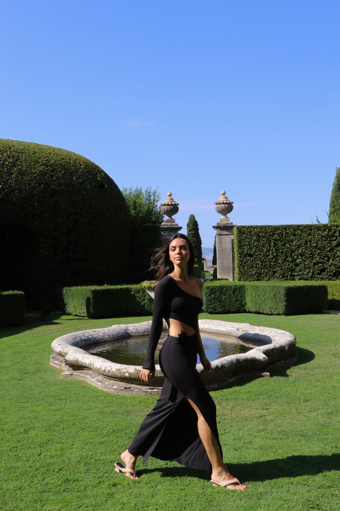 WISKII Asymmetrical Floral Maxi Dress | Black maxi dress