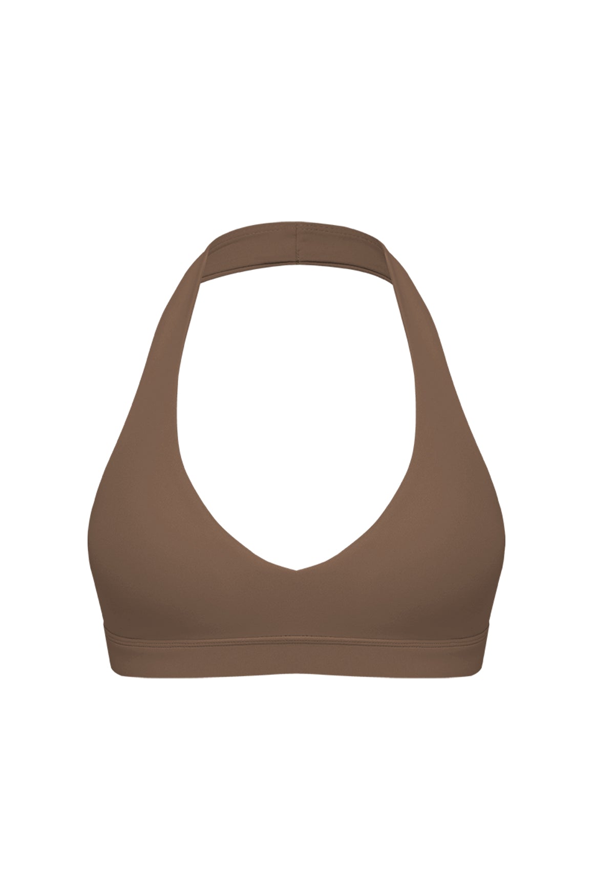 WISKII V-Cut Halter Sports Bra in desert color, featuring a V-shaped neckline and supportive design for active wear.