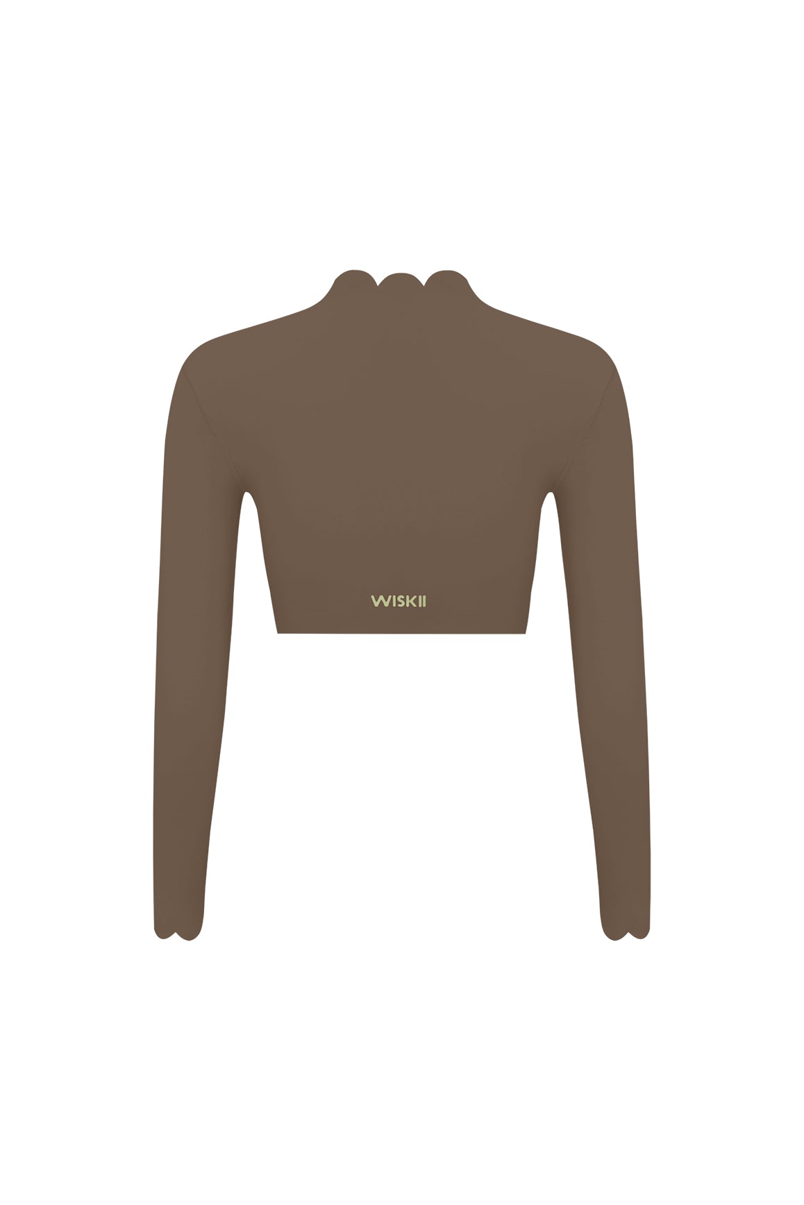 WISKII scallop cropped long sleeve top, close-up of the beige crop top with scalloped edges and fitted long sleeves.