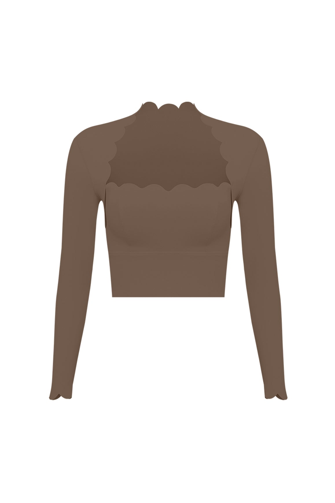 WISKII scallop cropped long sleeve top with a fitted design and scalloped edge detail, shown in a stylish cropped silhouette.