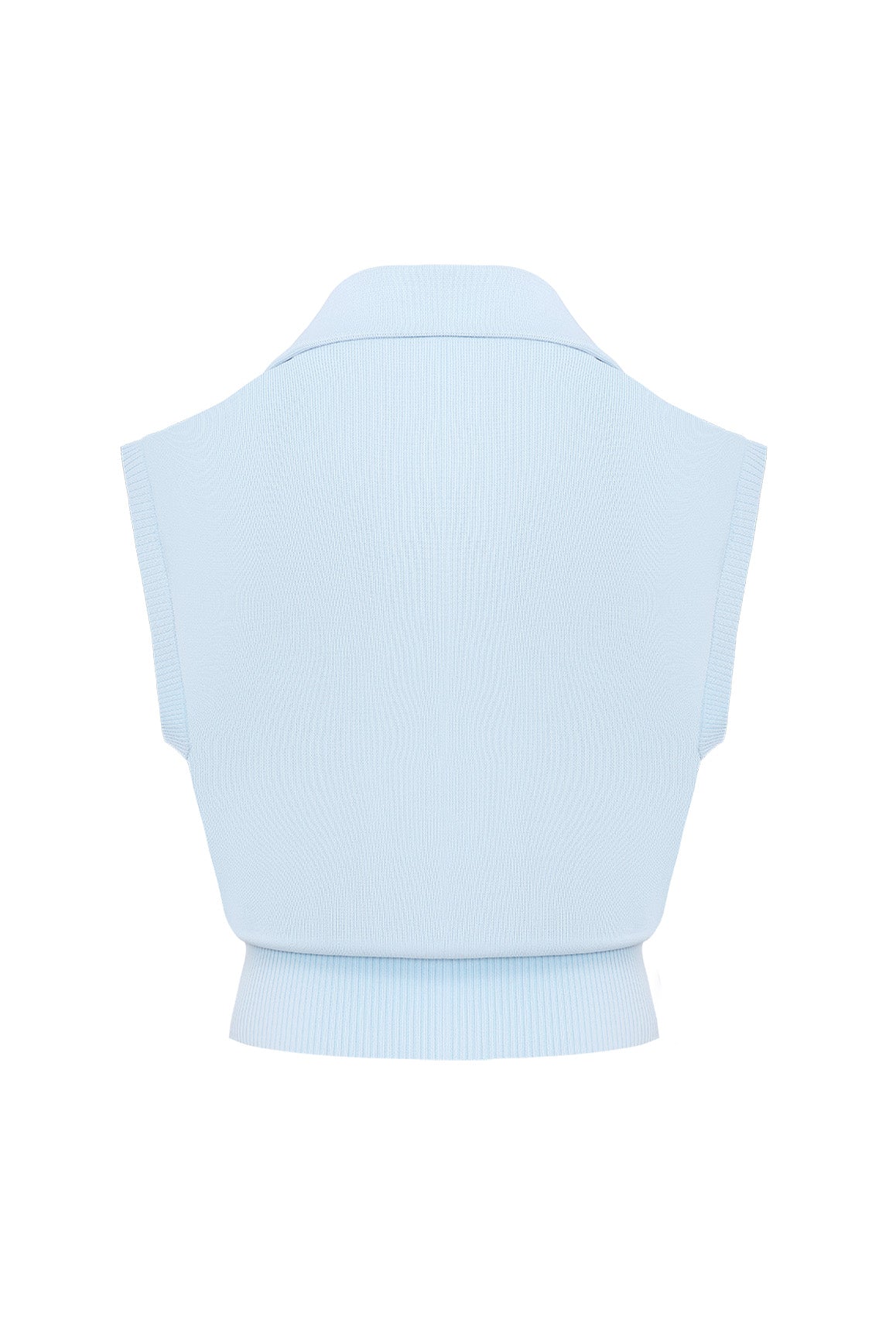 WISKII cap-sleeve knit polo tank top in soft fabric, close-up view showing the collar and textured knit pattern.