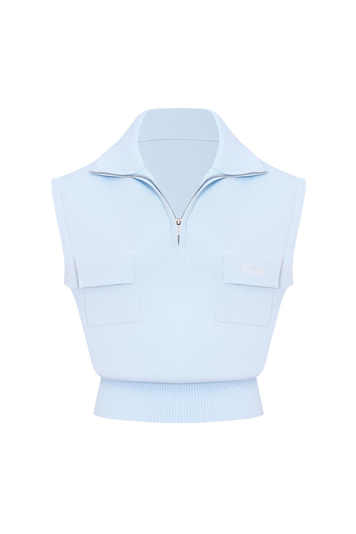 WISKII cap-sleeve knit polo tank top displayed on a hanger with a close-up view of the fabric and design details.