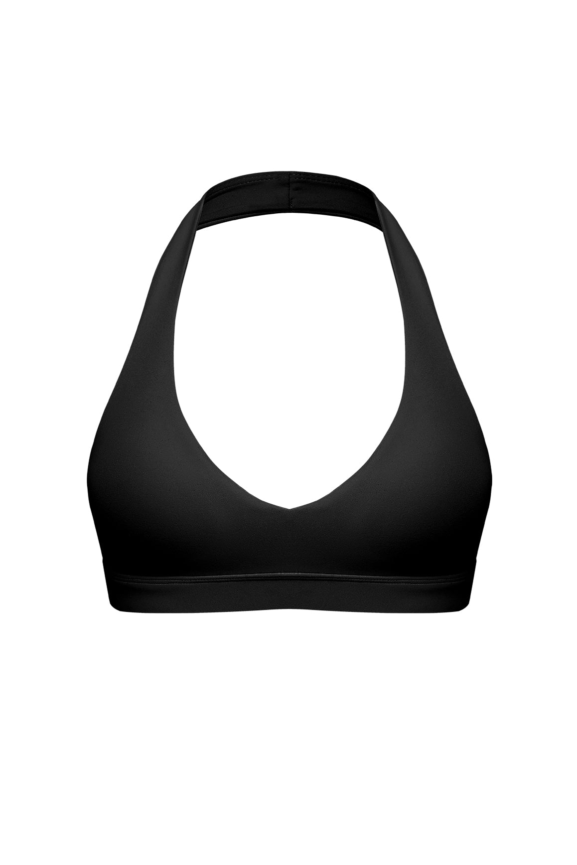 Black V-Cut Halter Sports Bra by WISKII, showing front view with supportive V-neck design and halter straps.