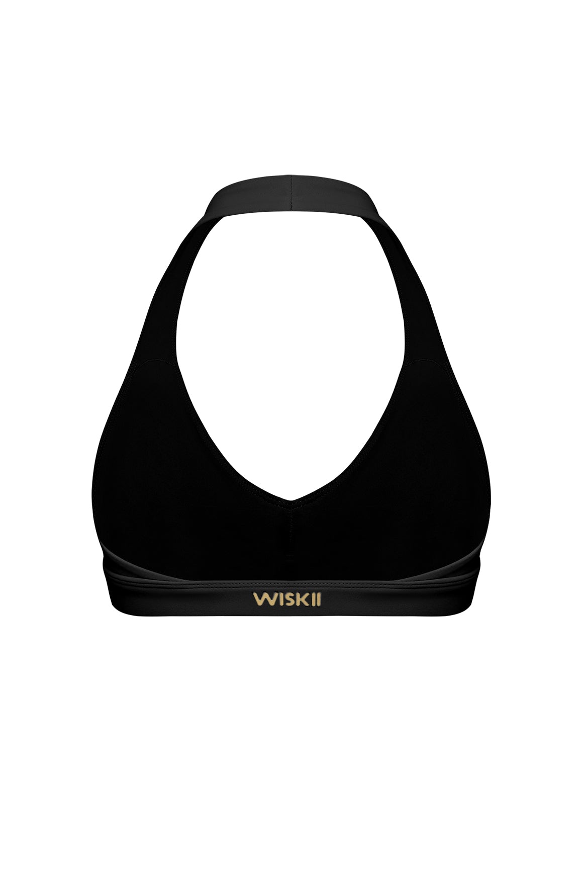 Black WISKII V-Cut Halter Sports Bra with supportive design and wide straps, ideal for active wear and workout comfort.