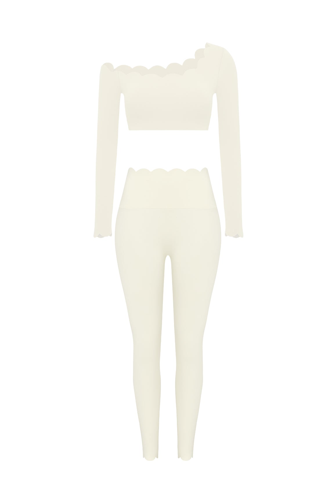 One-shoulder Scallop Long Sleeve Crop Top & High-Waist Scallop Scrunch Legging