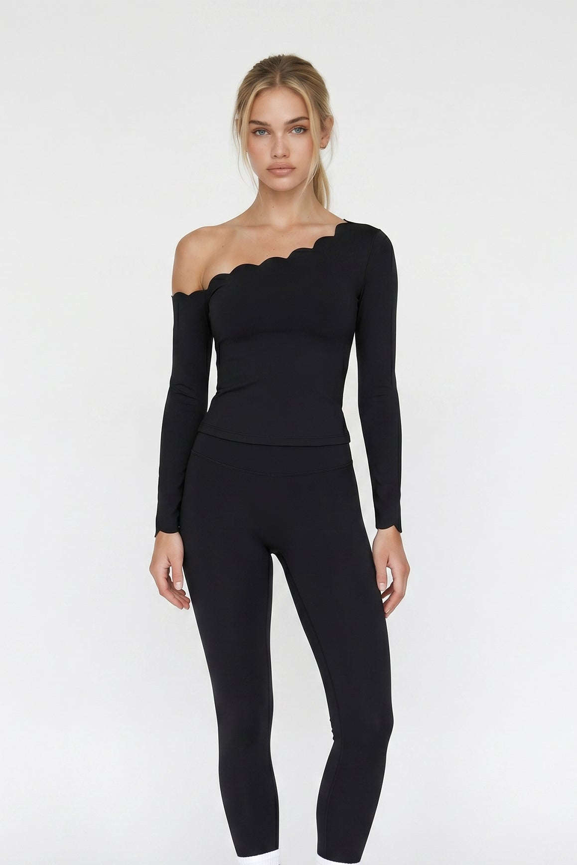 One-shoulder Scallop Long Sleeve Top