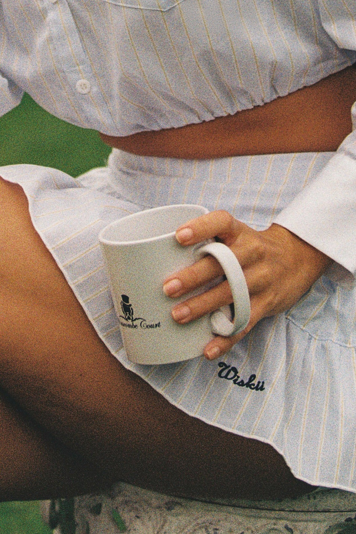 WISKII Stripe Low-Waist Pleat Skirt with vertical stripes, high waist, and flowing pleats, styled for a chic look.