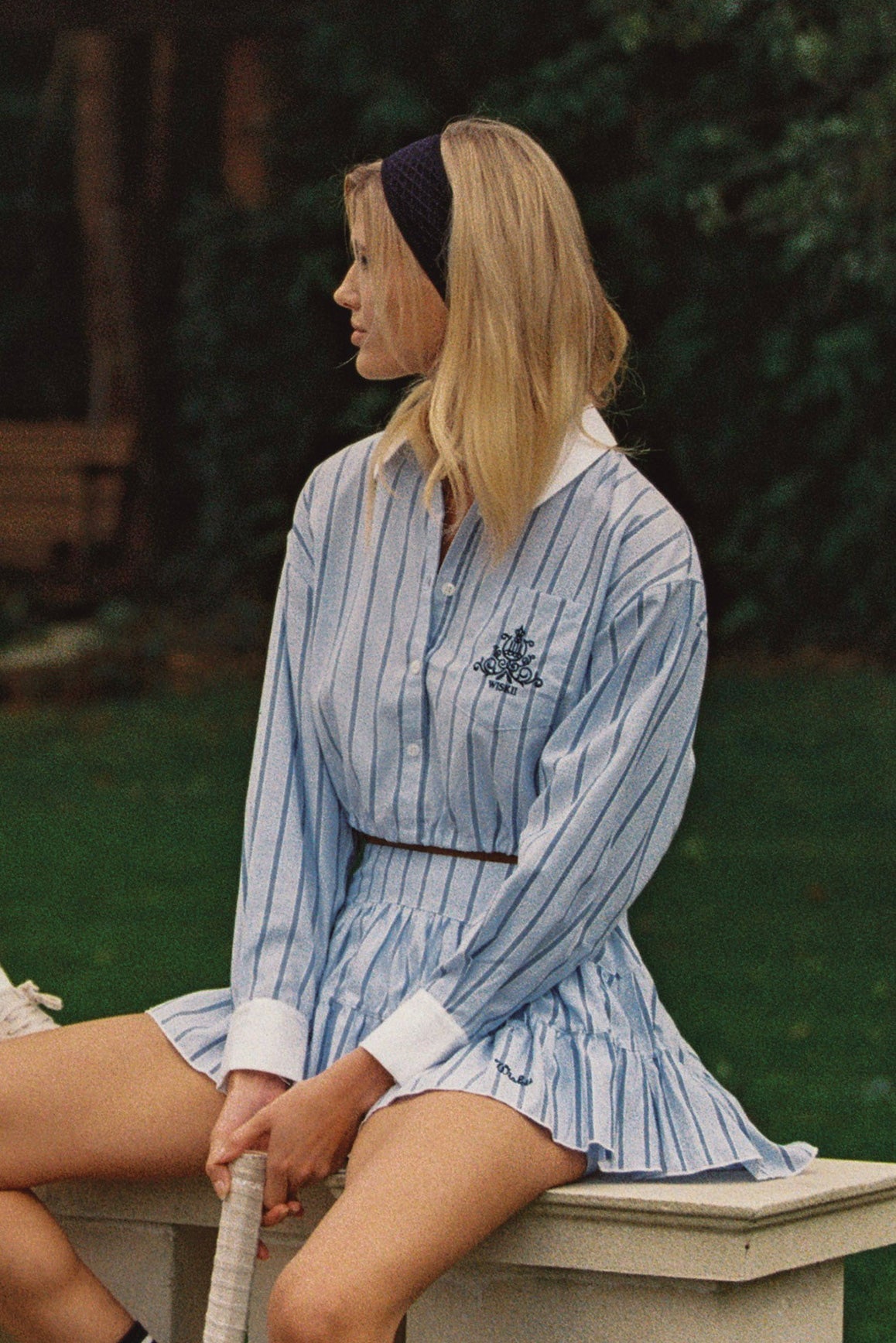 WISKII Stripe Button-Down Crop Shirt featuring vertical stripes, collar, long sleeves, and front buttons, styled on a mannequin.