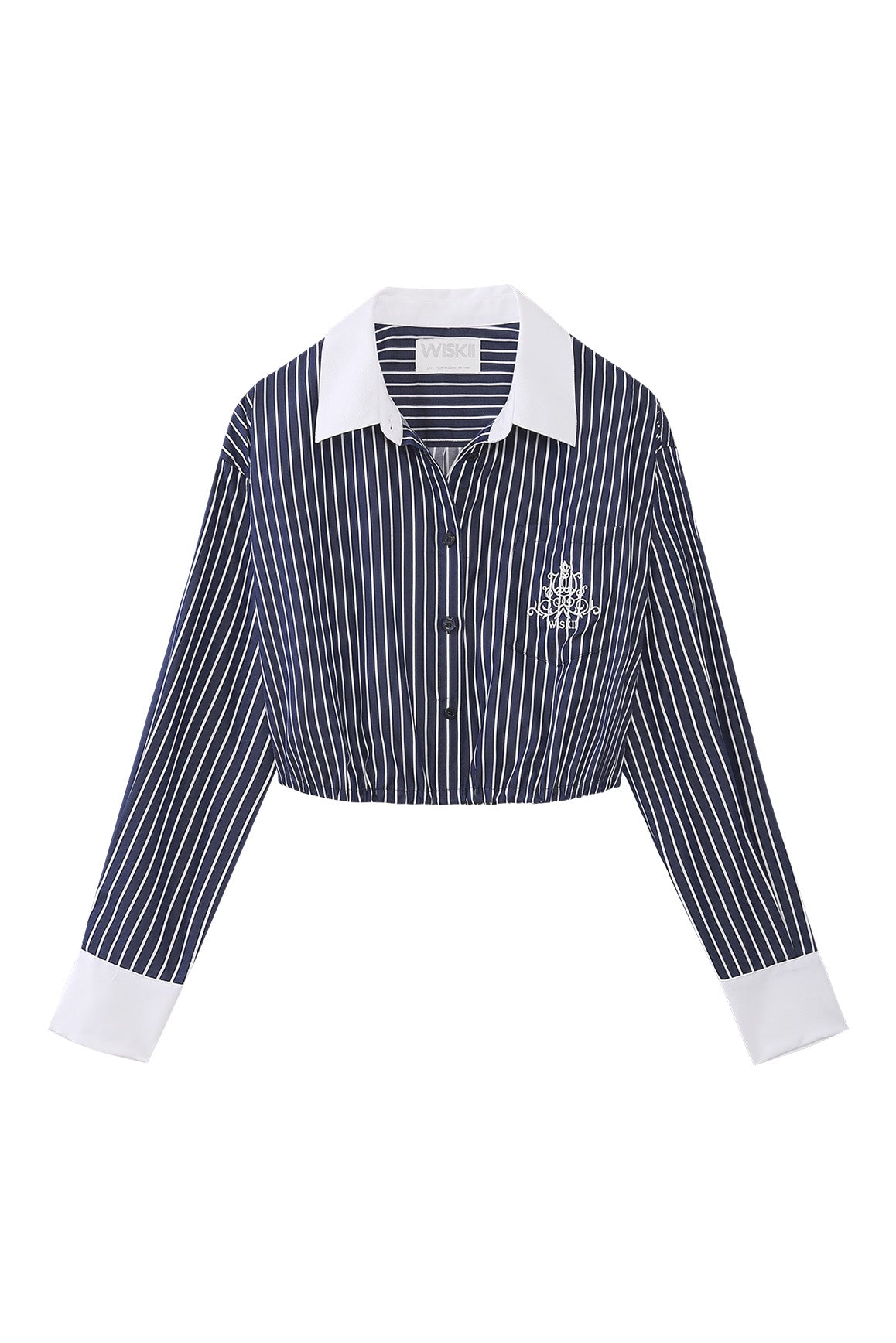 WISKII Stripe Button-Down Crop Shirt featuring a classic collar, long sleeves, and a tailored fit in stylish striped fabric.