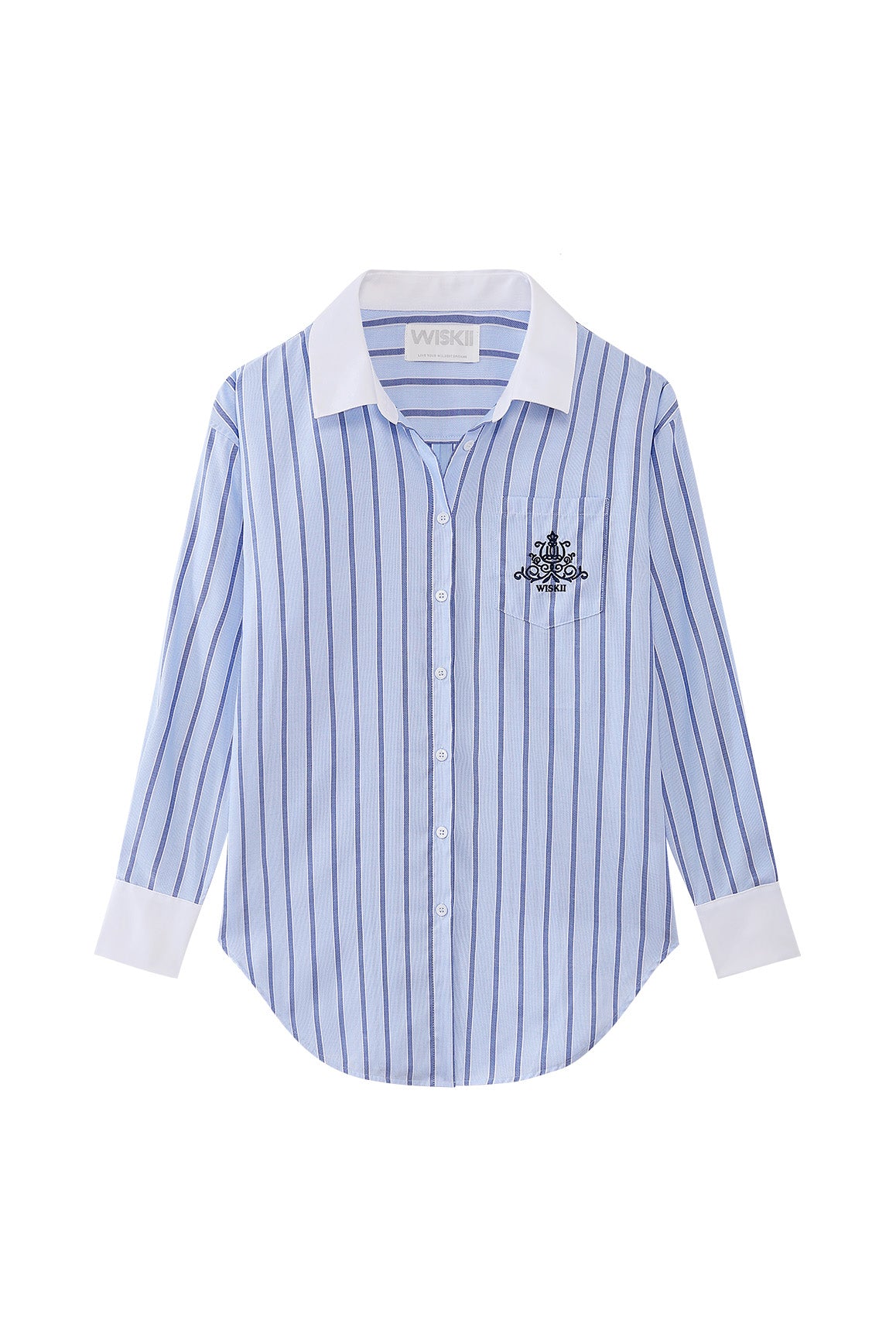WISKII Stripe Button-Down Longline Shirt featuring a classic collar, vertical stripes, and a relaxed fit for casual style.