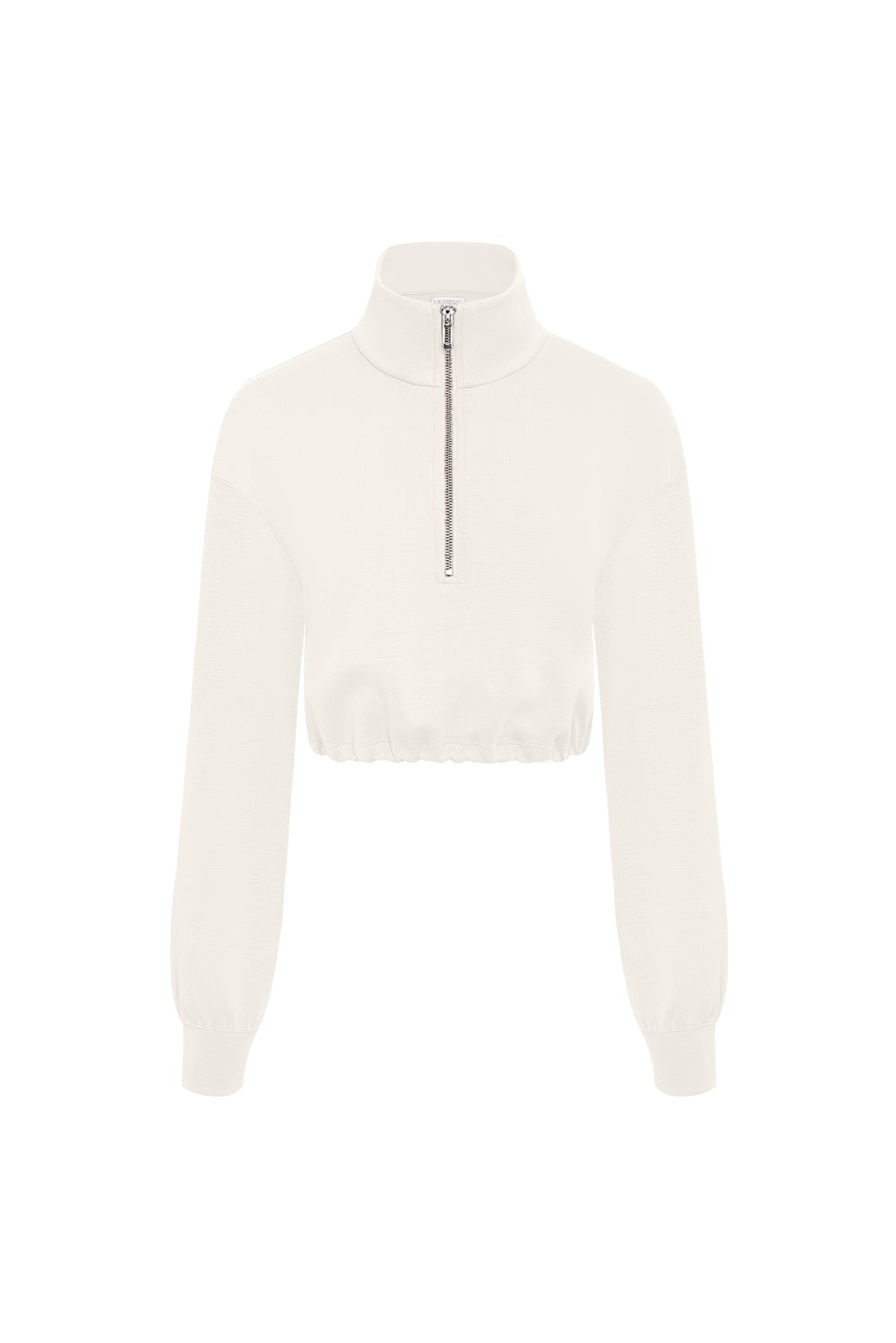 WISKII Serene cropped half-zip pullover hoodie in cream, featuring a relaxed fit and casual style, displayed on a hanger.