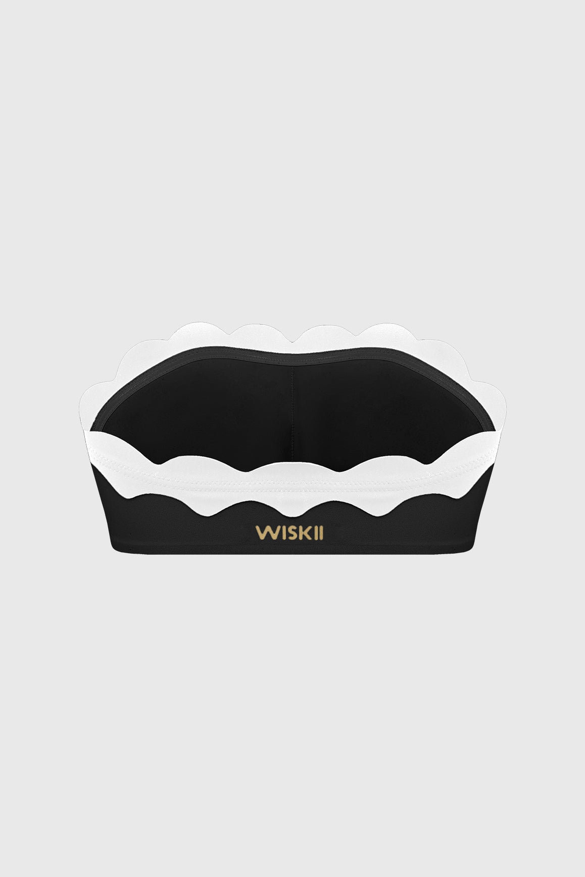 WISKII scallop contrast bandeau sports bra in black with white scallop trim, featuring a snug fit and supportive design.
