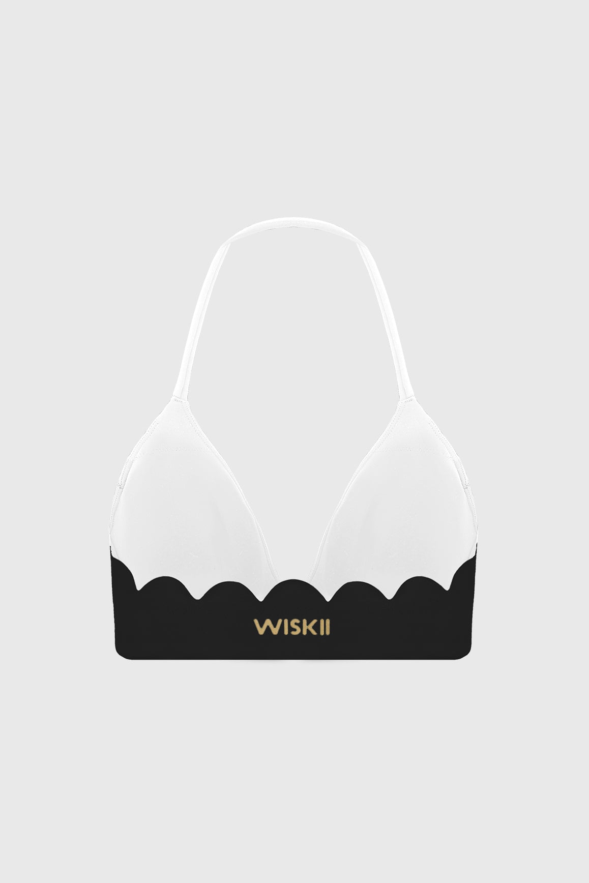WISKII scallop contour halter sports bra with supportive design and scalloped edges, shown on a white background.