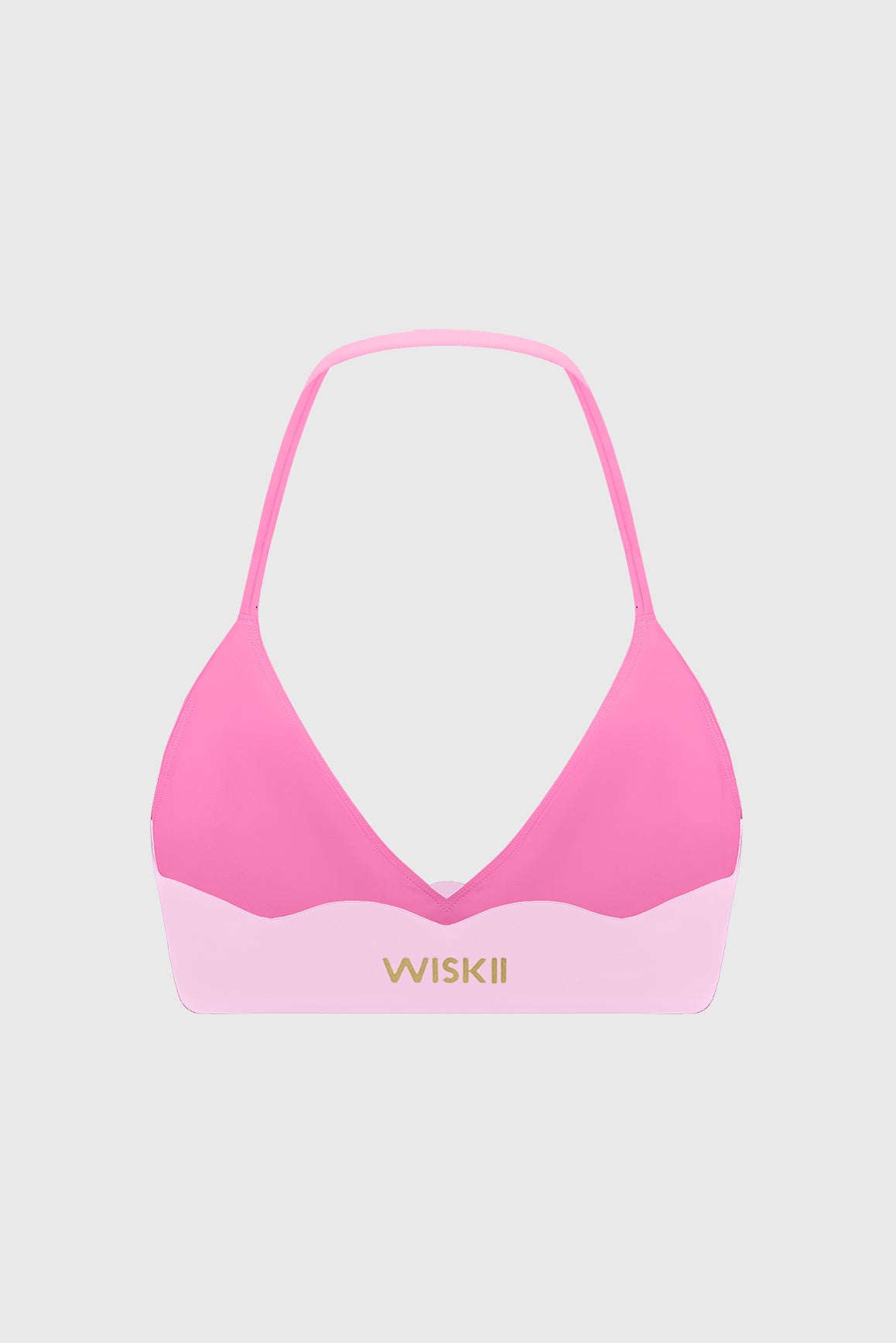 WISKII Riviera Scallop Contrast Halter Sports Bra in black with scalloped edges and supportive halter design, displayed on a mannequin.