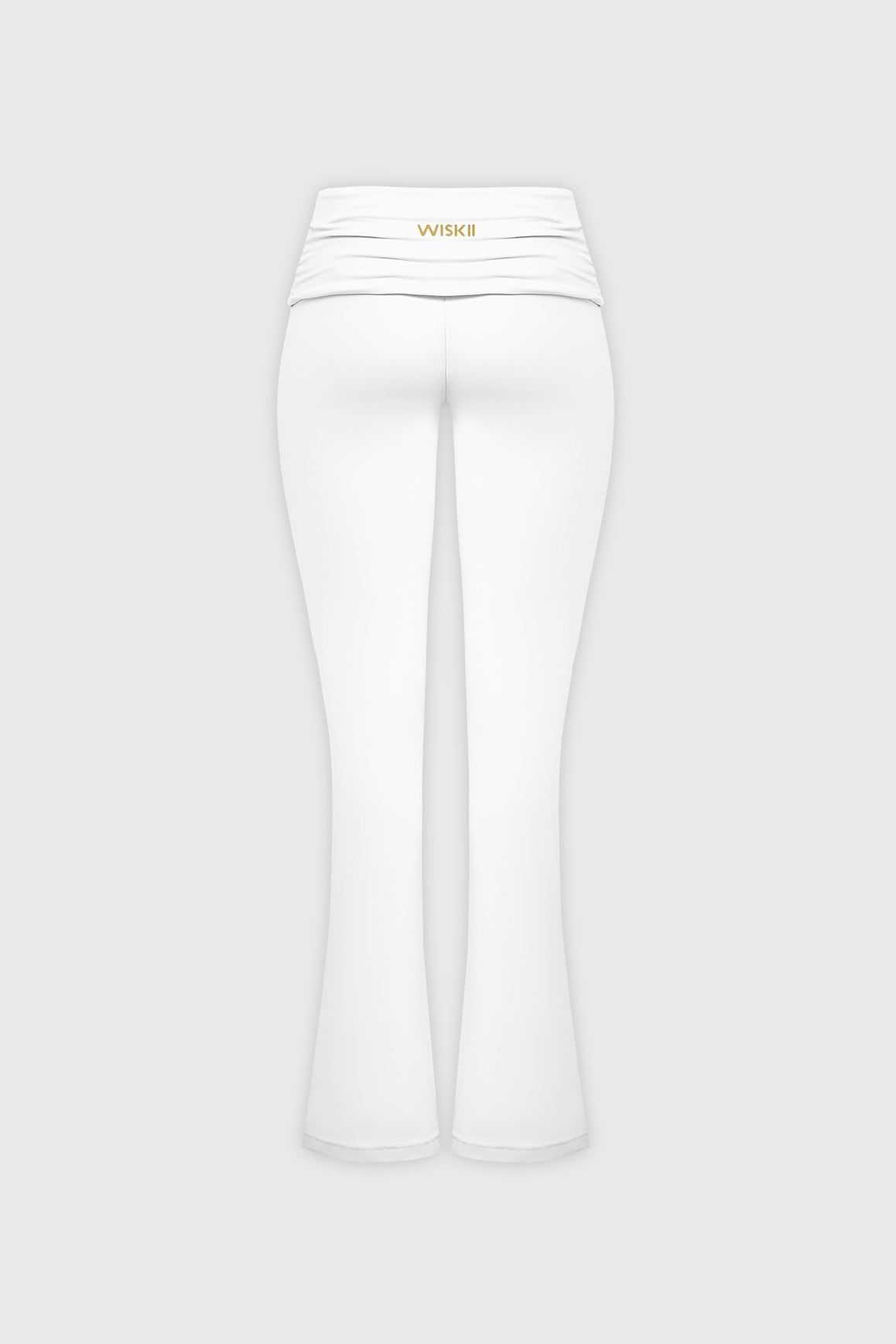 WISKII low rise scrunch flare leggings in black, featuring a fitted waist and flared leg design, shown on a model.