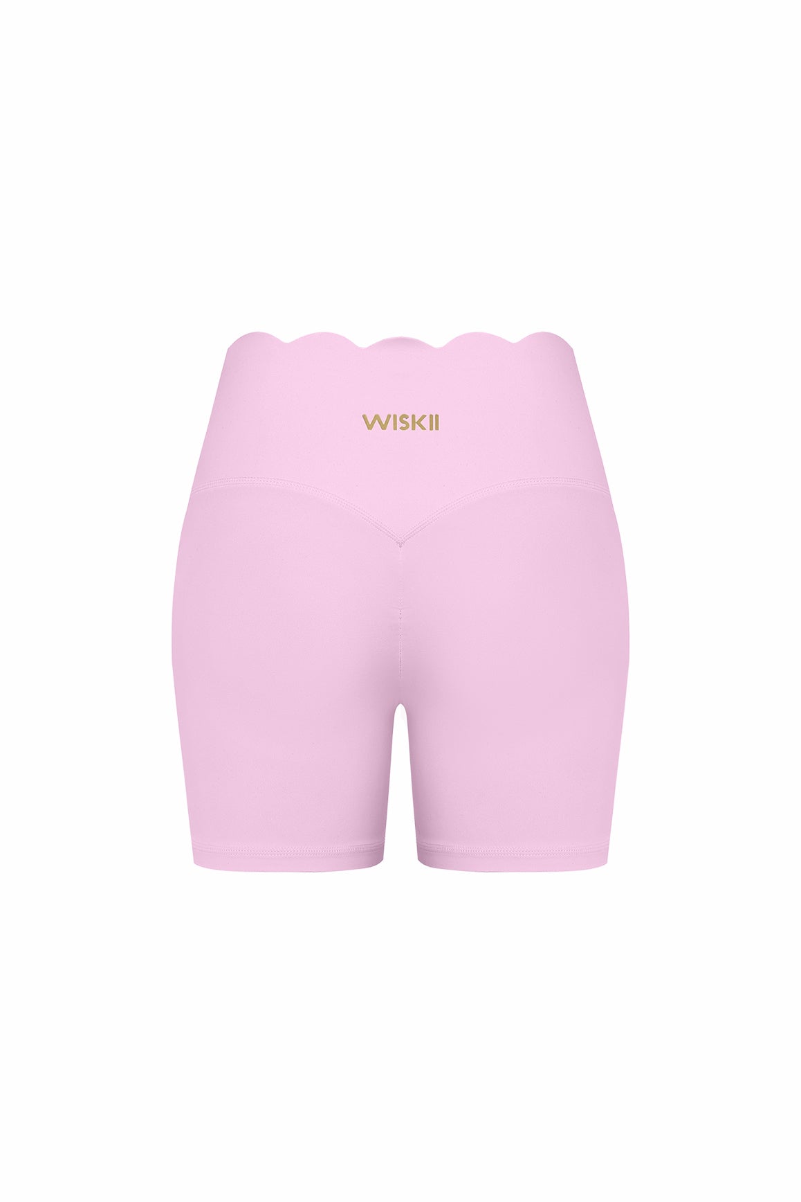 WISKII high-waist scallop scrunch shorts in light fabric, featuring scalloped edges and a fitted style for casual wear.
