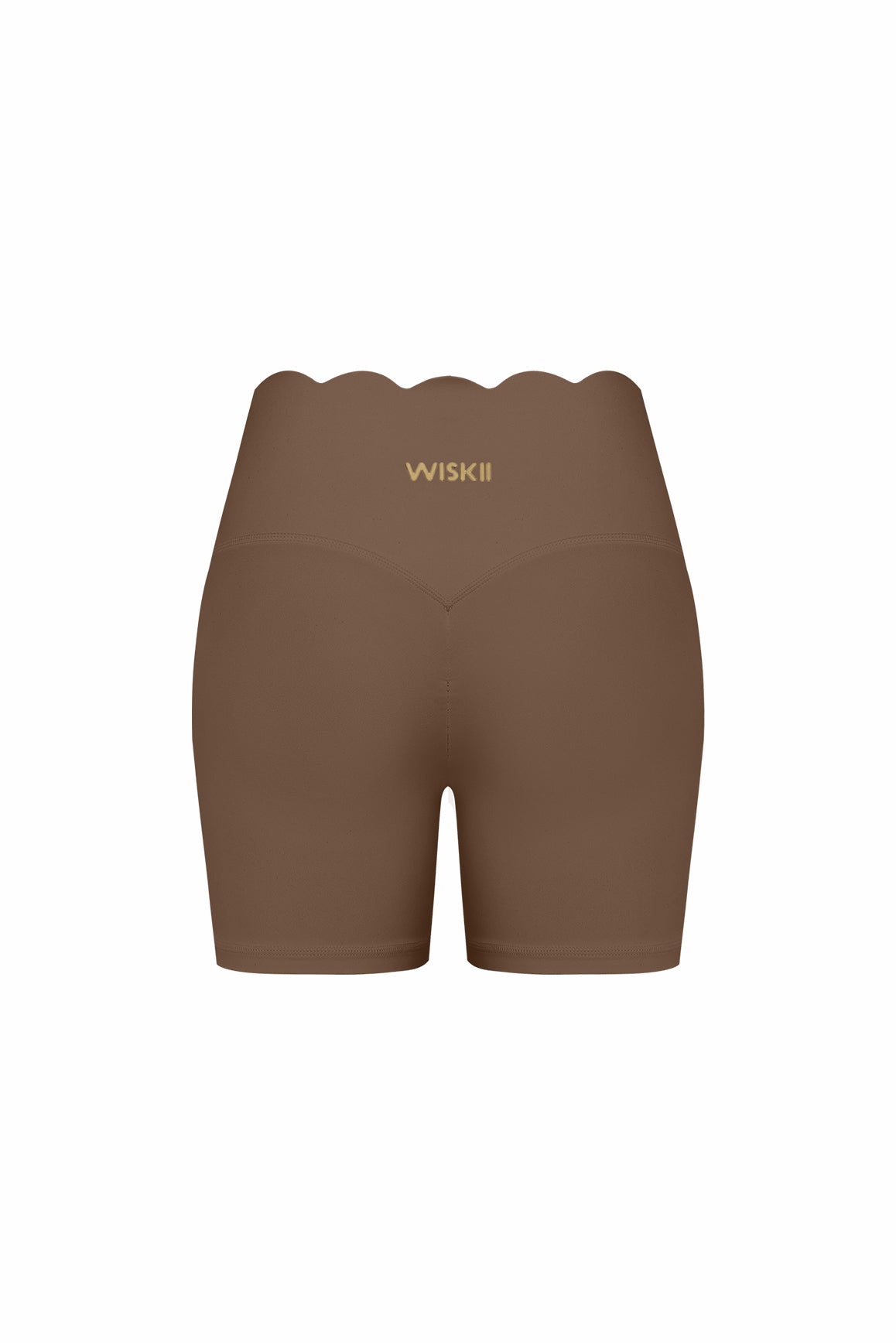 WISKII high-waist scallop scrunch shorts featuring a stylish scalloped hem and fitted design, perfect for casual summer wear.