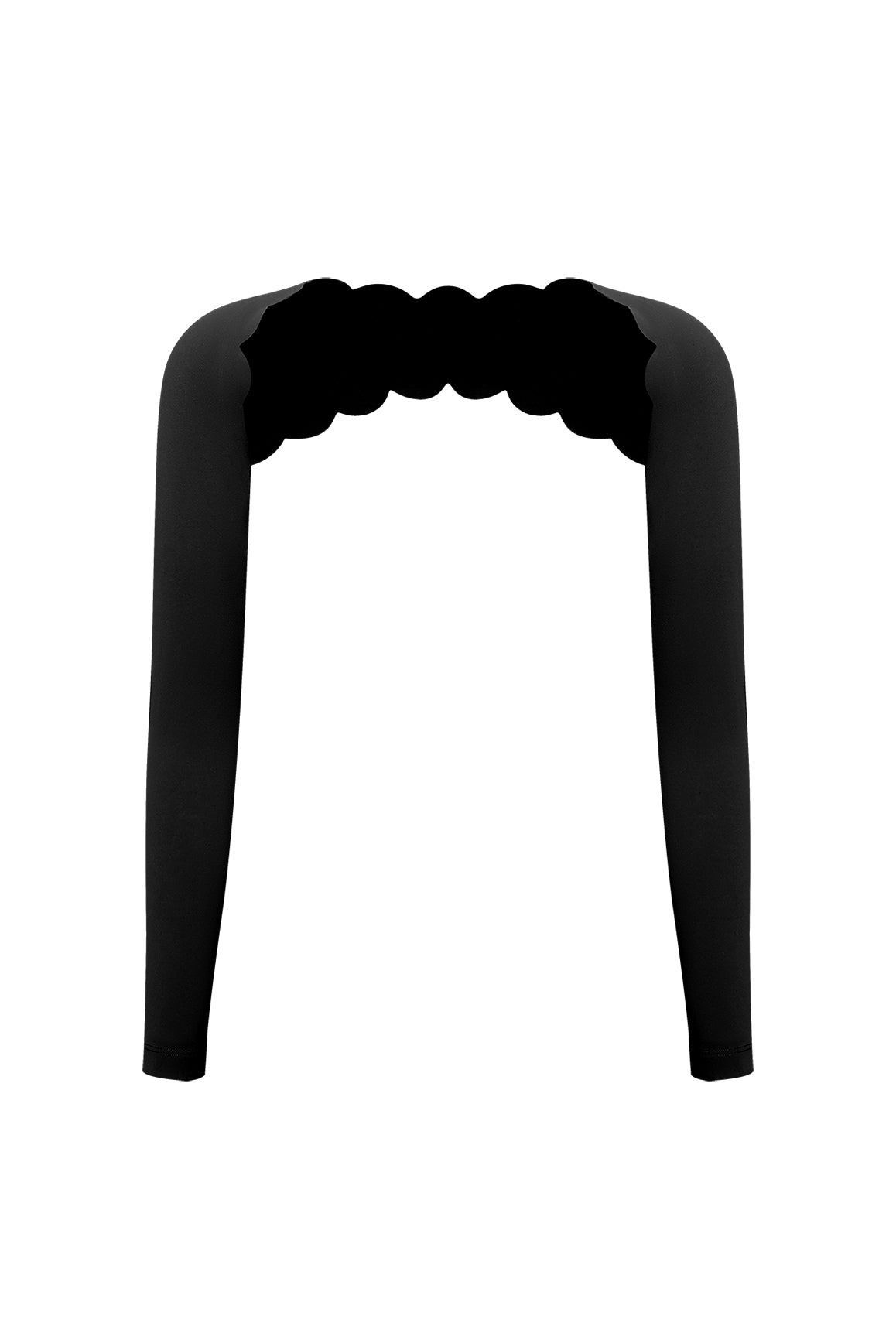 Black WISKII scalloped long sleeve bolero shrug with elegant scalloped edges, perfect for layering over dresses or tops.