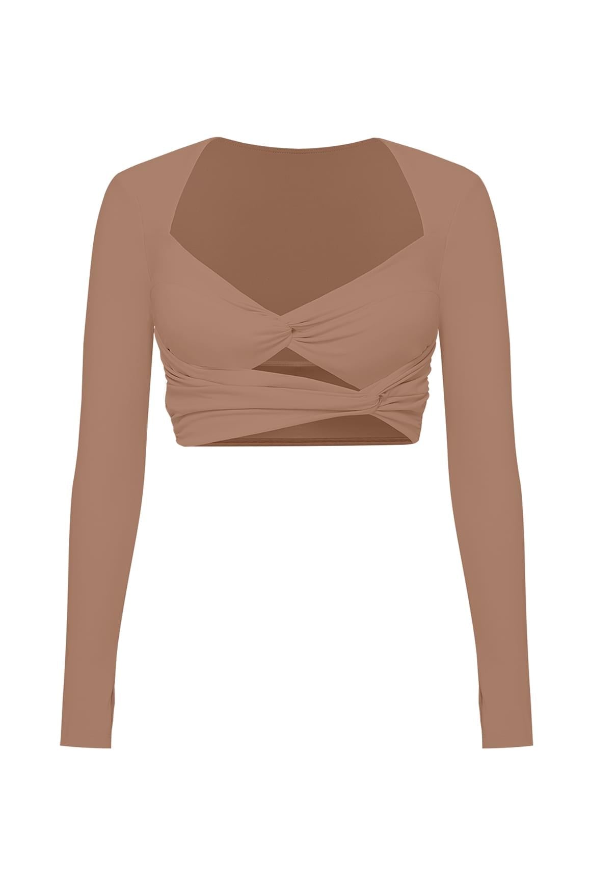 Knotty Chic Ruched Long Sleeve Crop Top - WISKIIWS306TuscanTanS