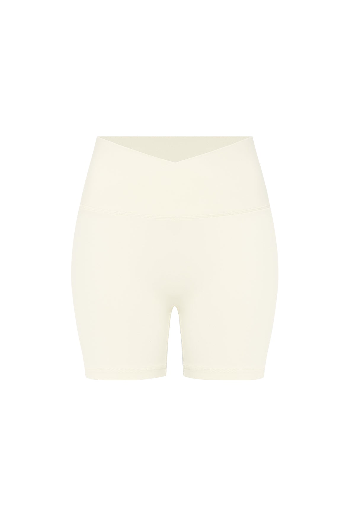 WISKII Riviera V-Waist Scrunch Shorts in oat milk color, showcasing the high-waisted design and textured fabric.