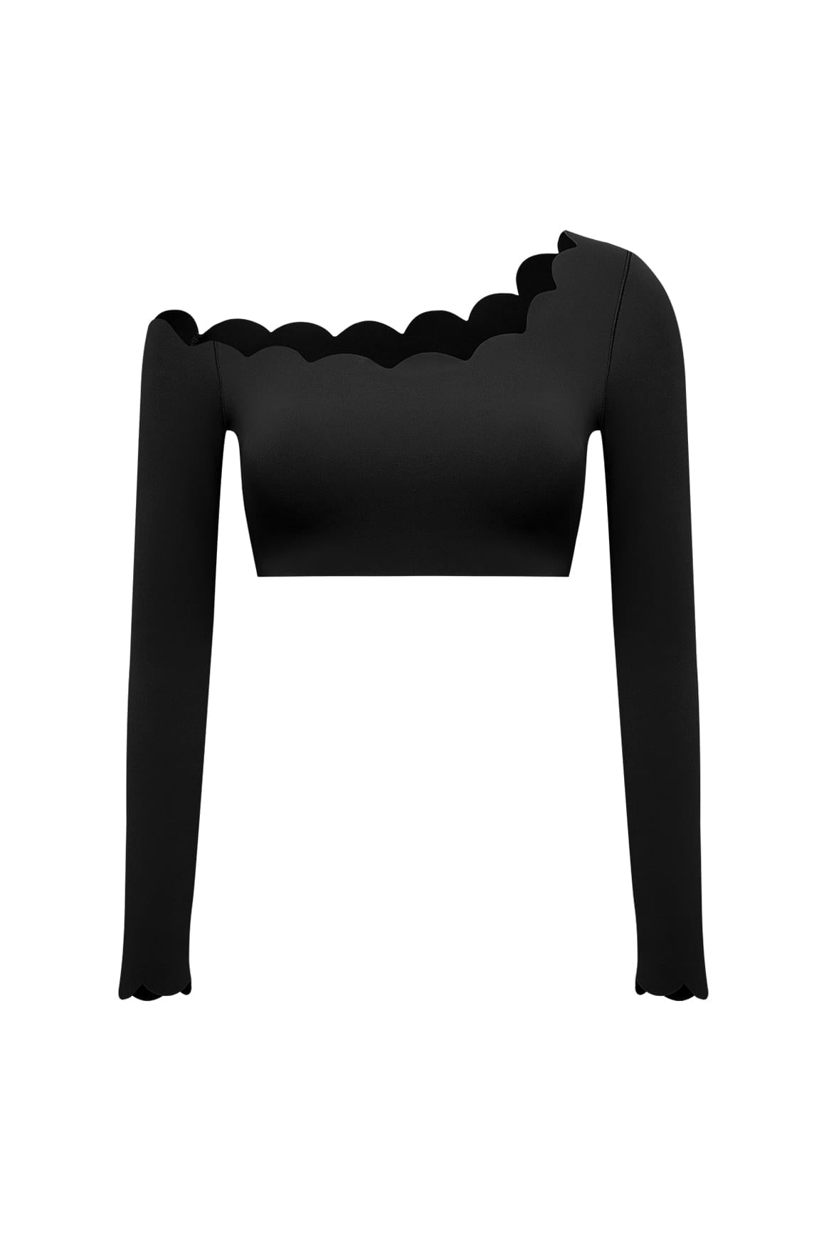 One-shoulder Scallop Long Sleeve Crop Top - WISKIIWS603blackS